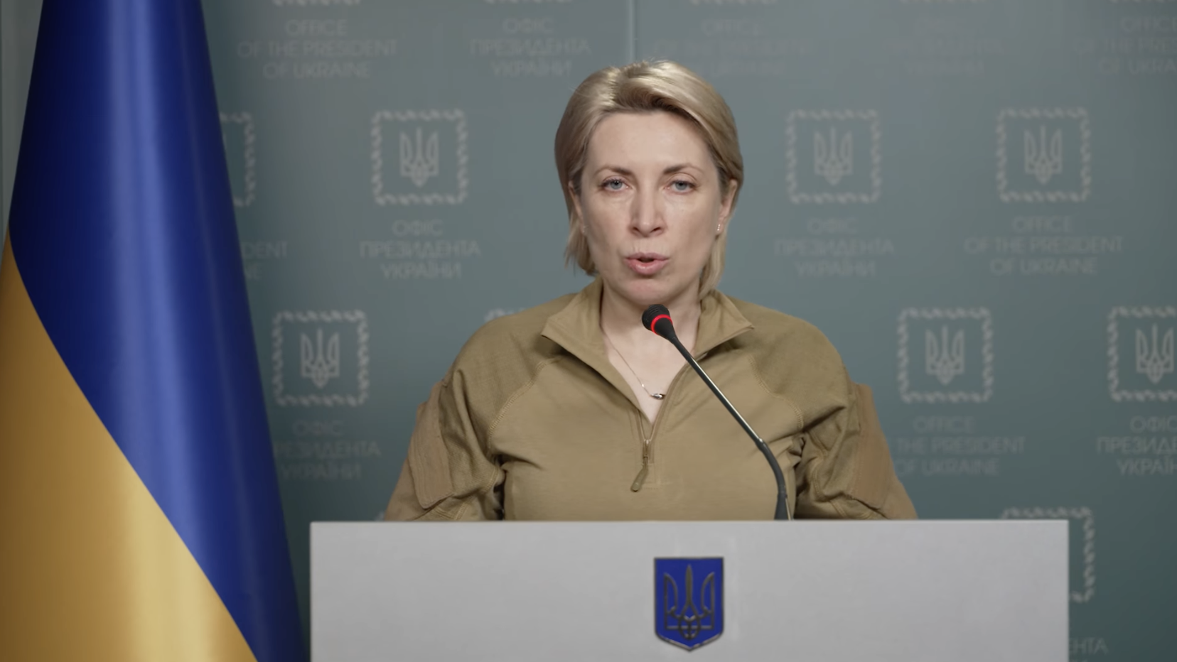 Ukraine's Deputy Prime Minister Iryna Vereshchuk speaks via a video message on social media on March 25.
