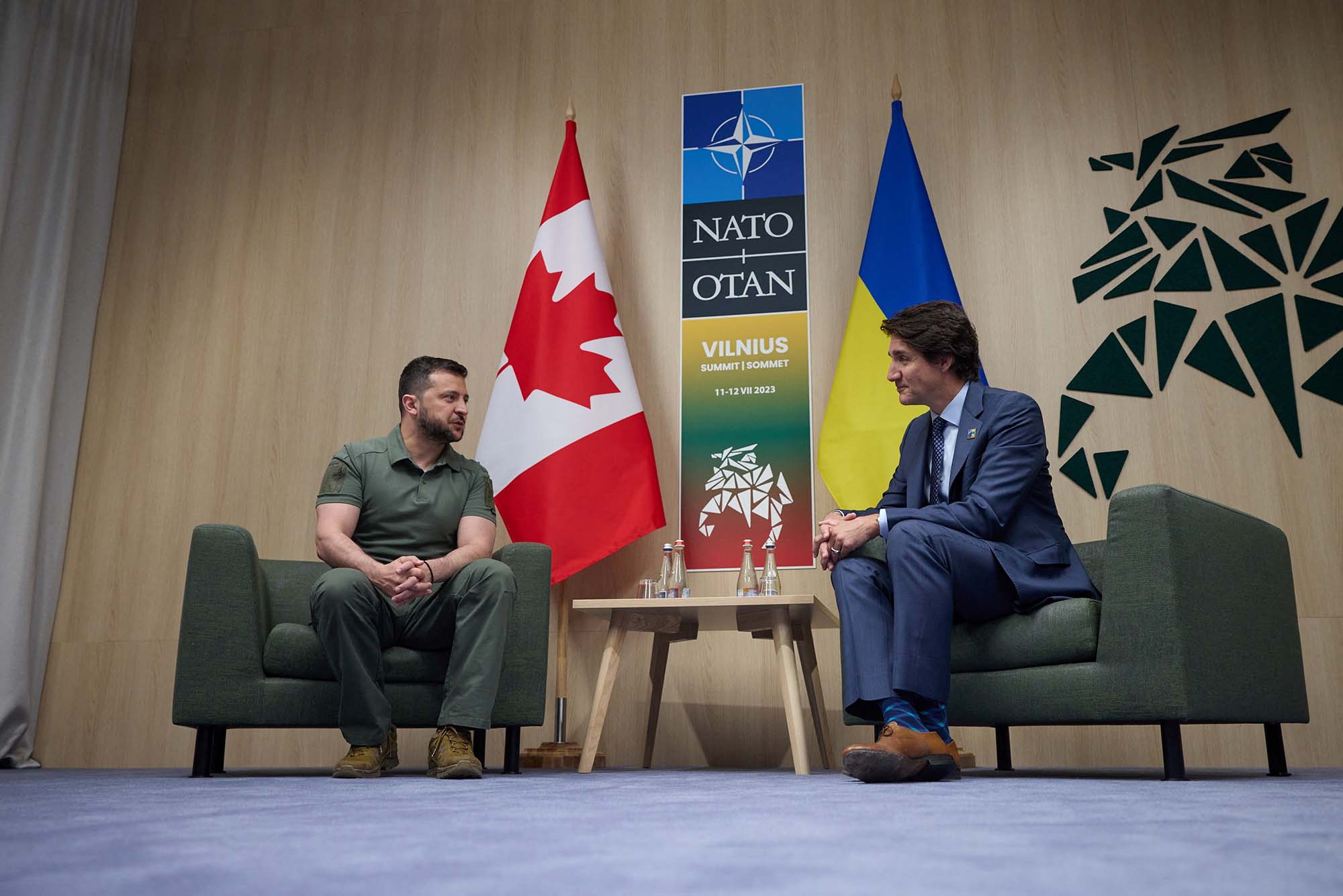 Ukrainian President Volodymyr Zelensky meets with Canada's Prime Minister Justin Trudeau at the NATO Summit in Vilnius, Lithuania, on July 12. 