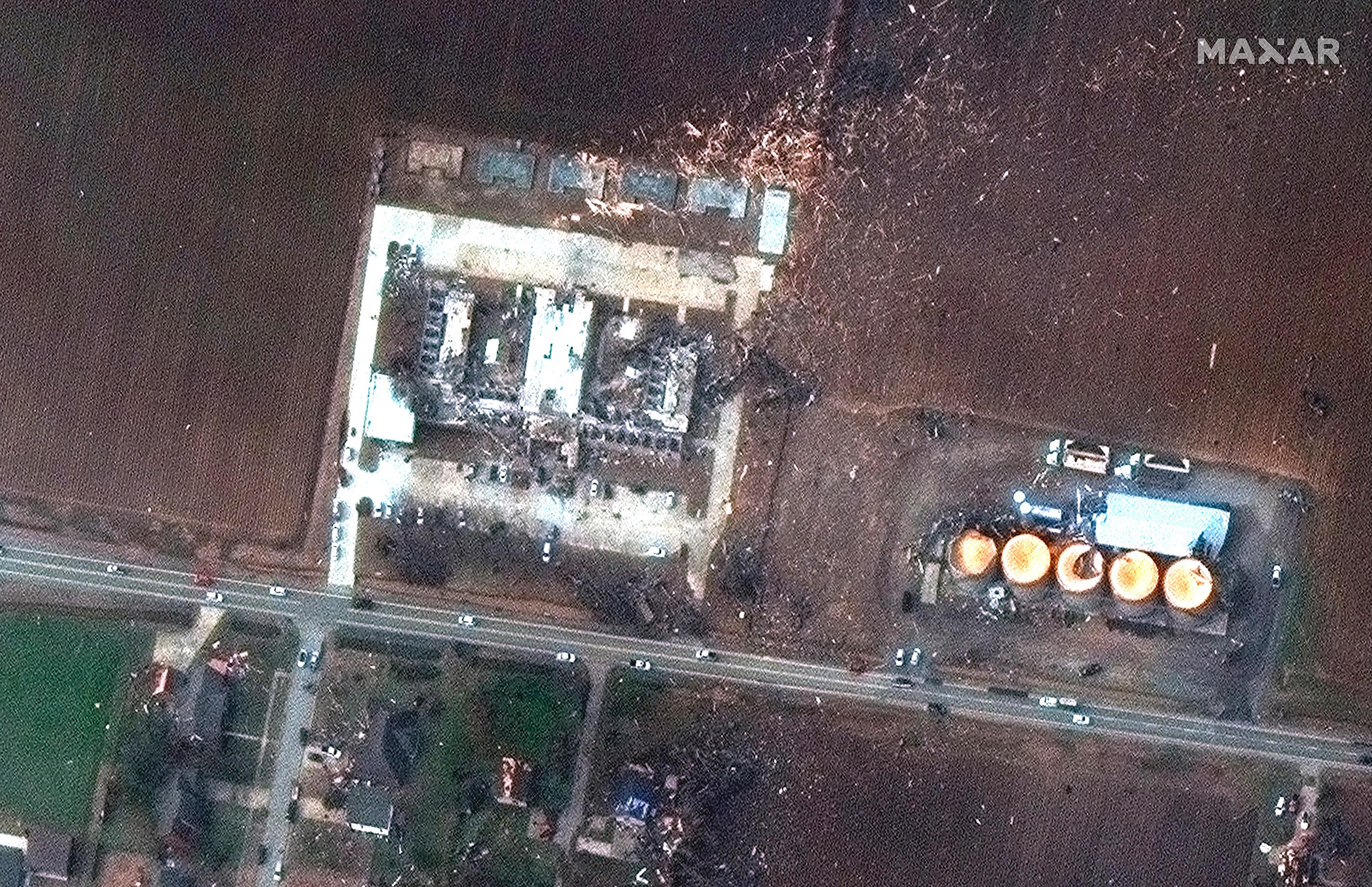 This Saturday, December 11 satellite photo provided by Maxar shows a close-up view of Monette Manor Nursing Home and other homes after a tornado caused heavy damage in the area, in Monette, Arkansas.