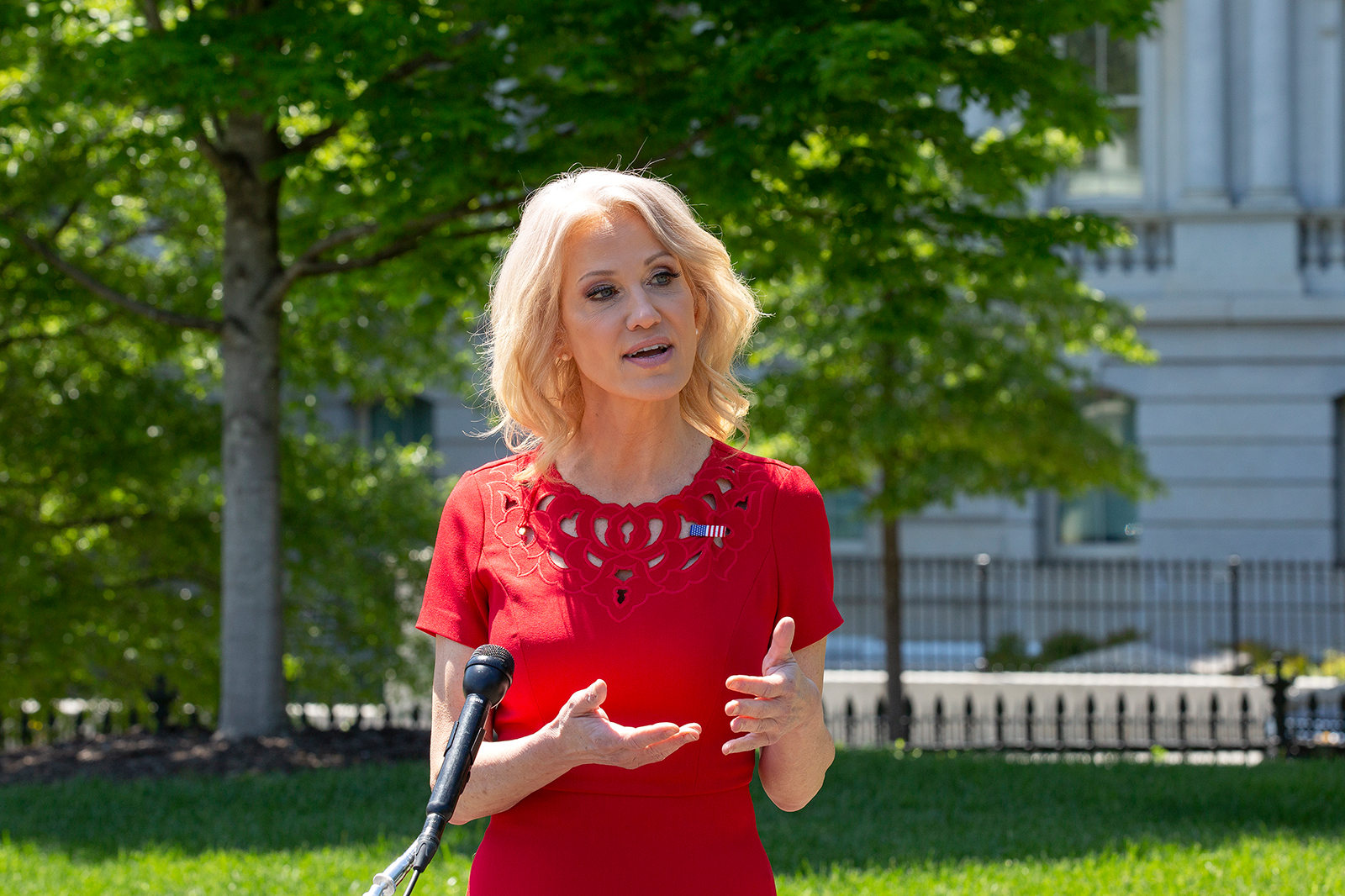 Senior Counselor Kellyanne Conway speaks to members of the media outside the White House in Washington, on May 7.