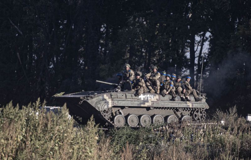 Ukrainian forces patrol after Ukrainian army took control some of the villages in Kharkiv, Ukraine on September 9.