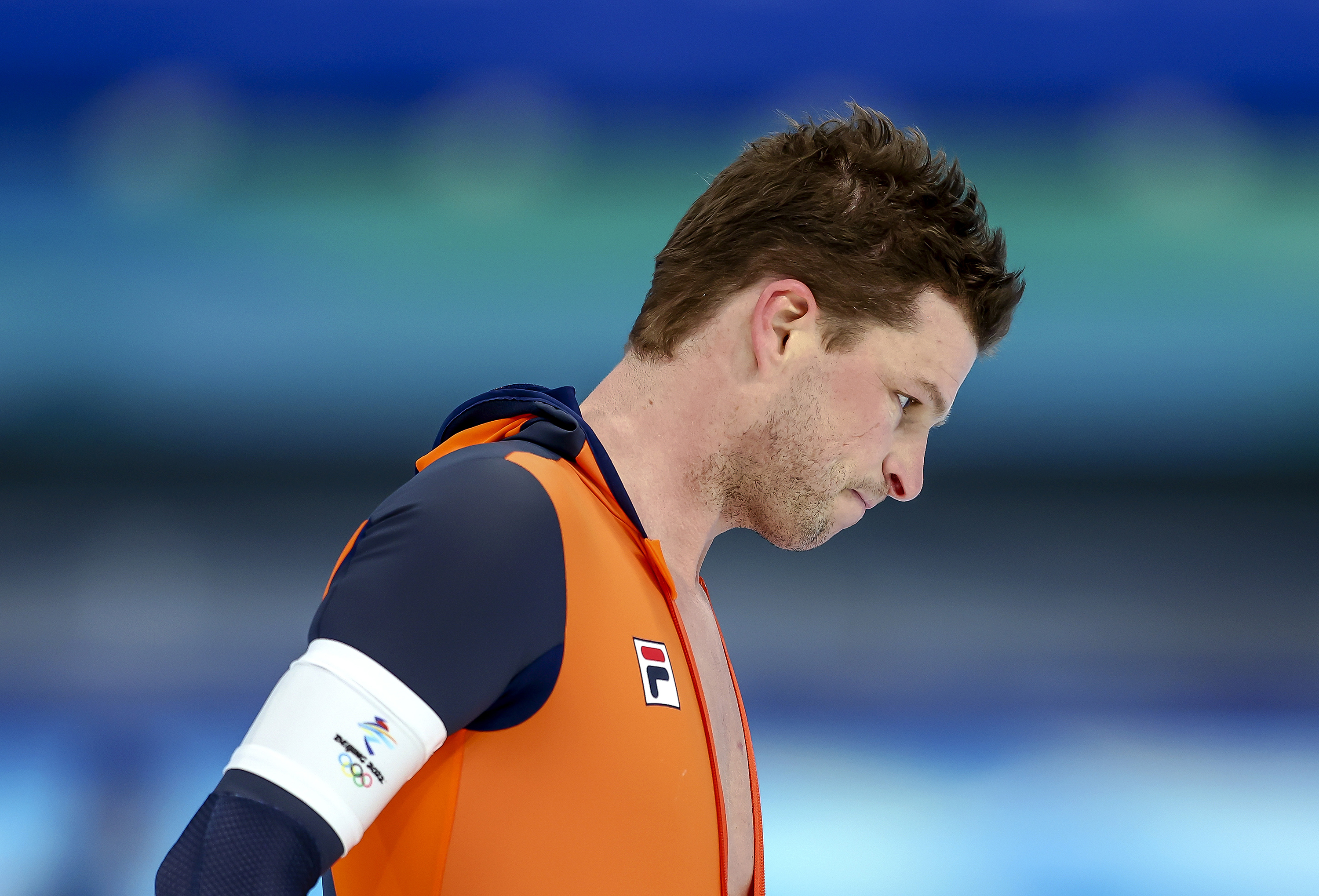 Netherlands' Sven Kramer reacts after finishing men's 5000m speed skating on February 6. 