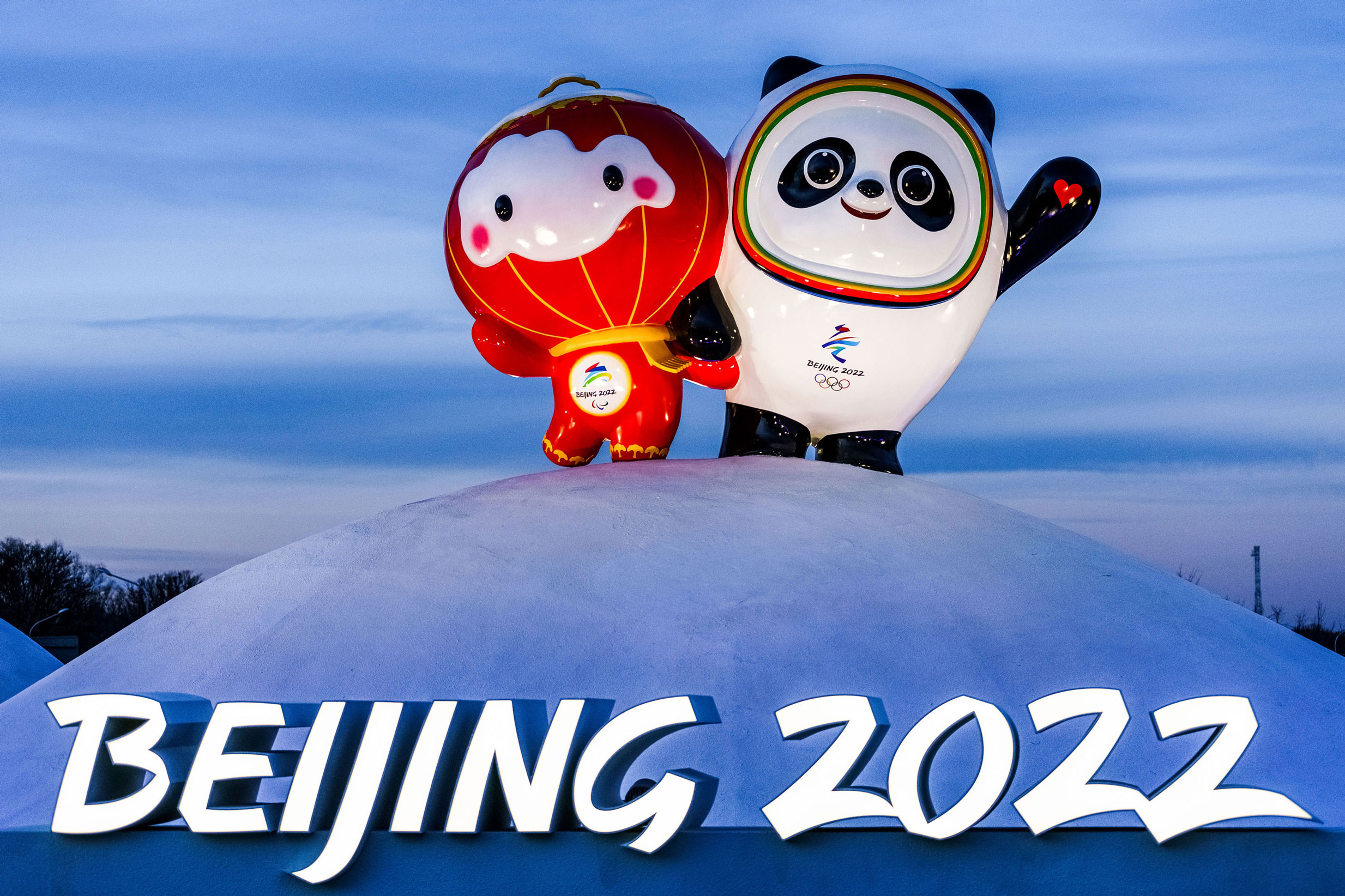 Shuey Rhon Rhon (L), the mascot of the 2022 Winter Paralympics, and Bing Dwen Dwen, the mascot of the 2022 Winter Olympics, are pictured in the Olympic Village in Beijing on January 27.