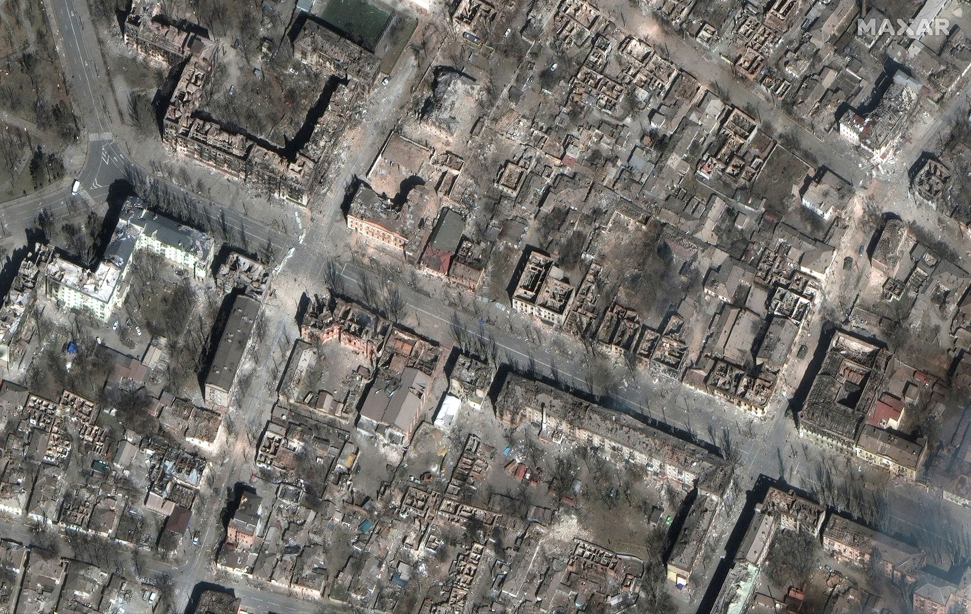 Un'immagine satellitare mostra la distruzione di case ed edifici a Mariupol, in Ucraina, il 29 marzo.