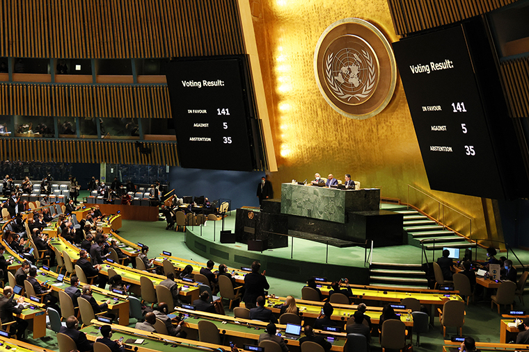 The results of a General Assembly vote on a resolution is shown on a screen during a special session of the General Assembly at the United Nations headquarters on Wednesday, March 02, in New York City. 