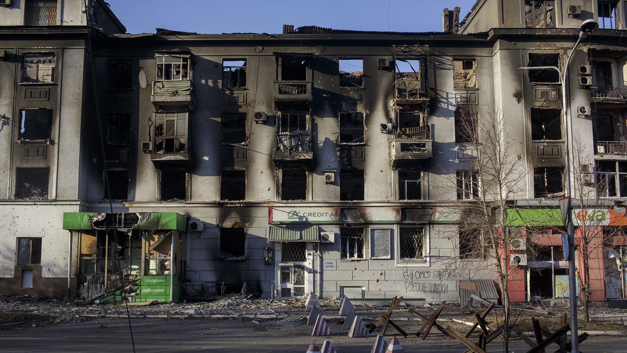 Damaged buildings are seen after Russian shelling as the strikes continue on the Donbass frontline during Russia and Ukraine war in Bakhmut on February 10.