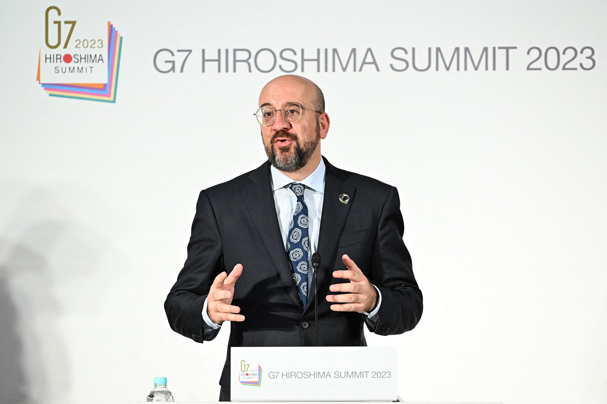 European Council President Charles Michel speaks at a press conference at the media centre for the G7 Leaders' Summit in Hiroshima, Japan, on May 19.