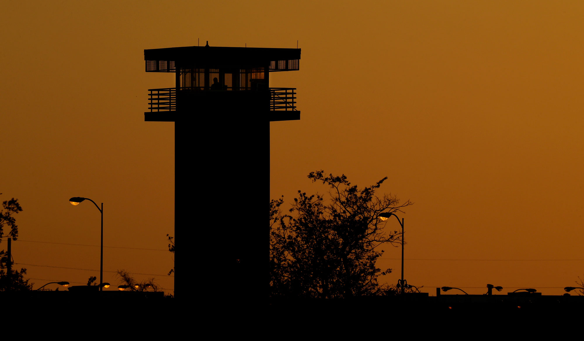 Part of the Texas Department of Criminal Justice's William G. McConnell Unit in Beeville, Texas, stands at sunset on April 15.
