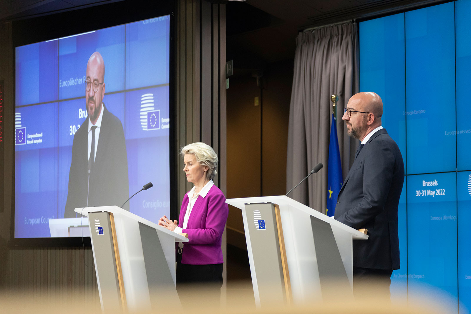European Council chief Charles Michel speaks during a joint press conference with European Commission president Ursula von der Leyen in Brussels.