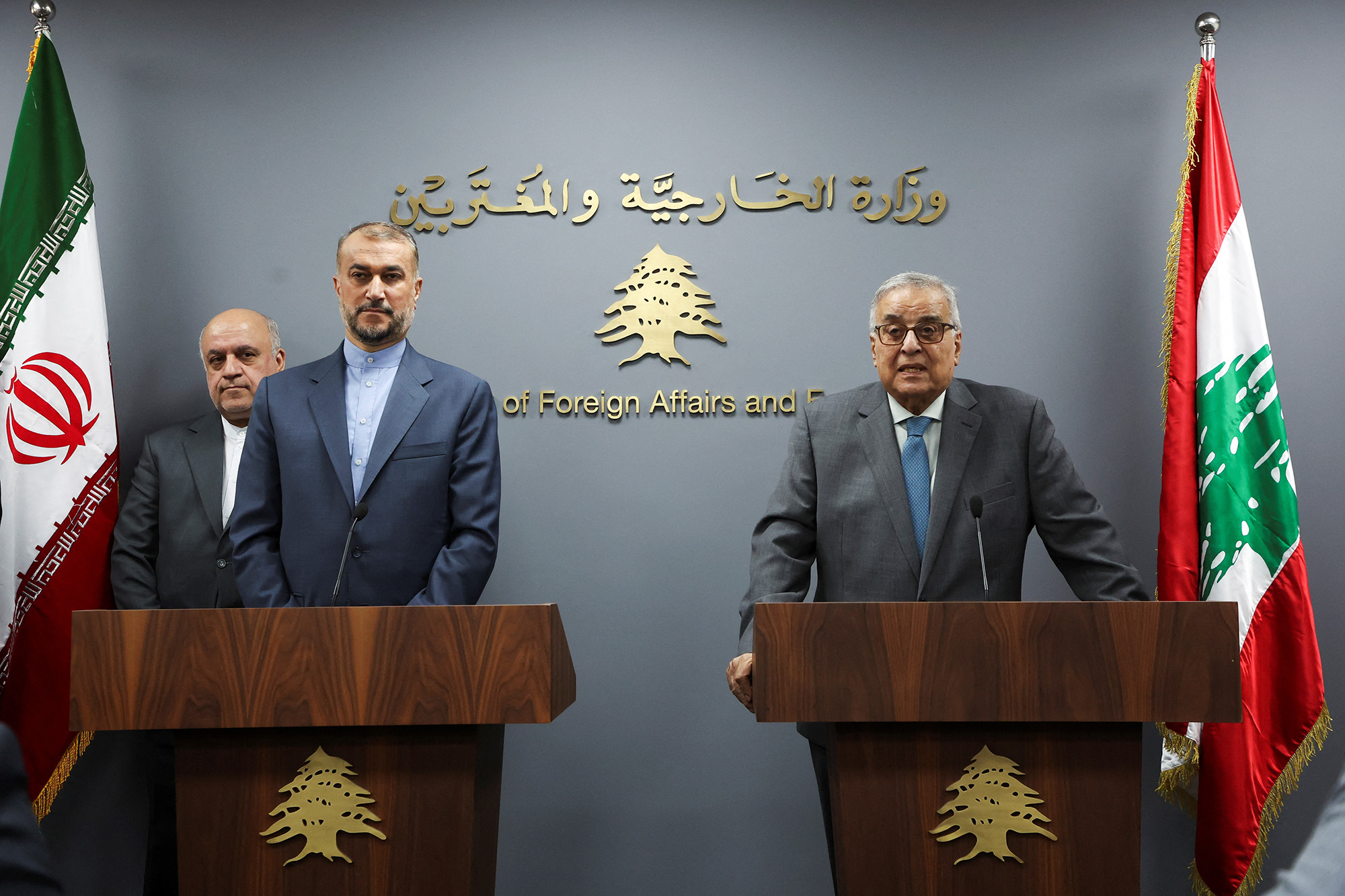 Lebanon's caretaker Foreign Minister Abdallah Bou Habib and Iranian Foreign Minister Hossein Amirabdollahian attend a joint press conference in Beirut, Lebanon, on October 13.