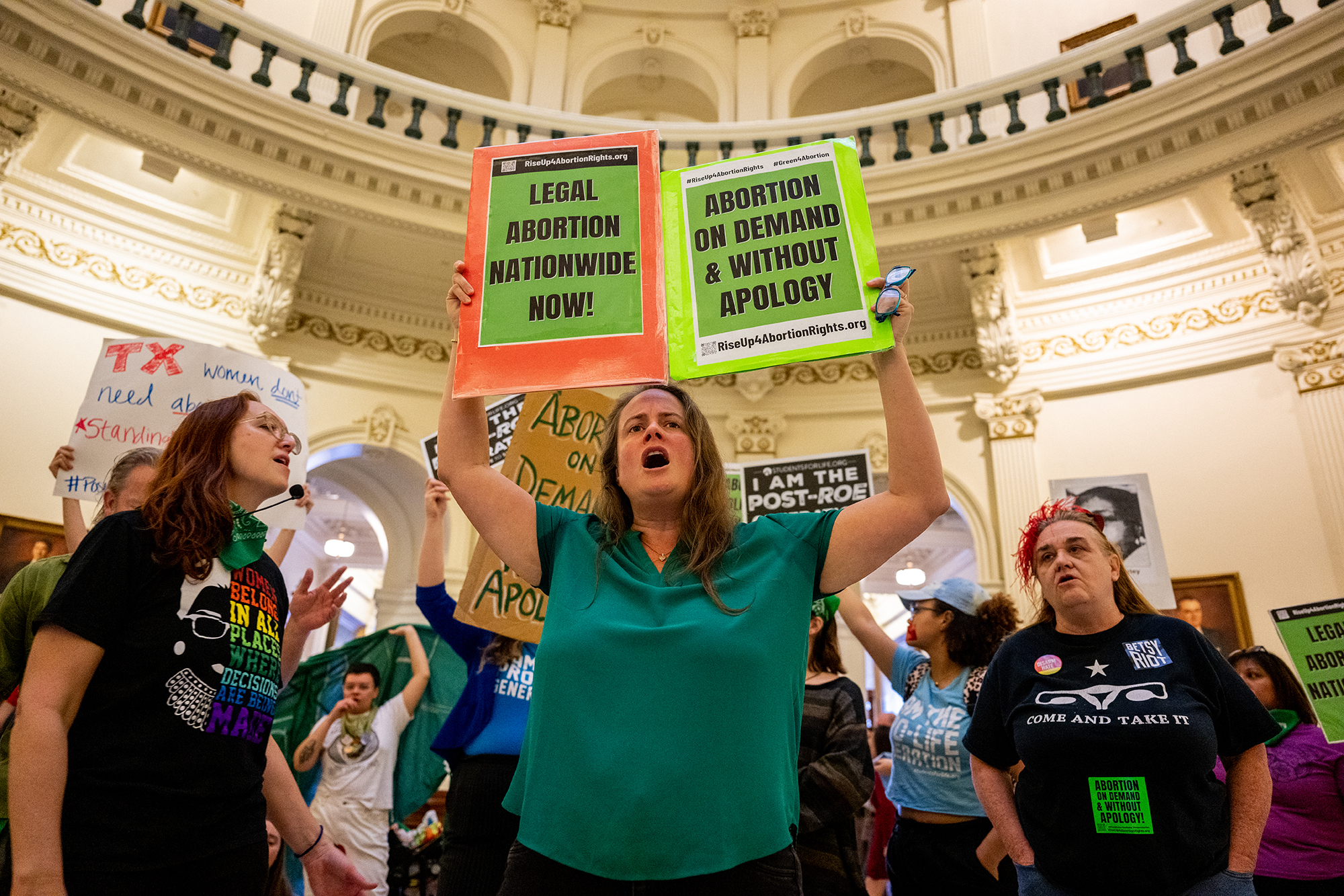 Abortion rights activist Rachel Bailey chants during an International Women's Day abortion rights demonstration at the Texas State Capitol on March 8 in Austin, Texas. 