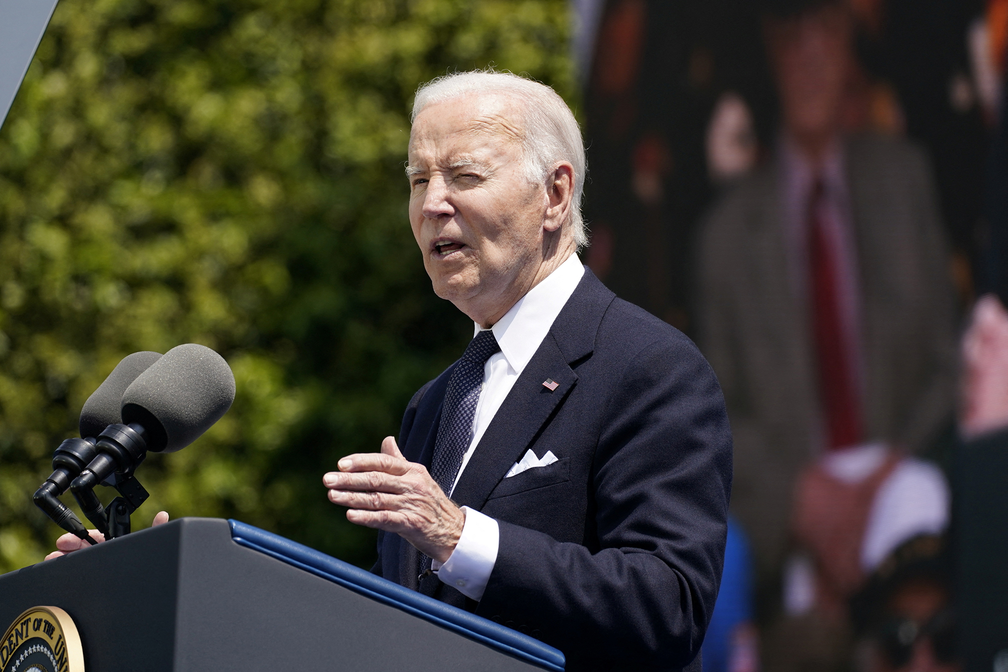 U.S President Joe Biden speaks during a ceremony to mark the 80th anniversary of D-Day at the Normandy American Cemetery and Memorial in Colleville-sur-Mer, France, on June 6.