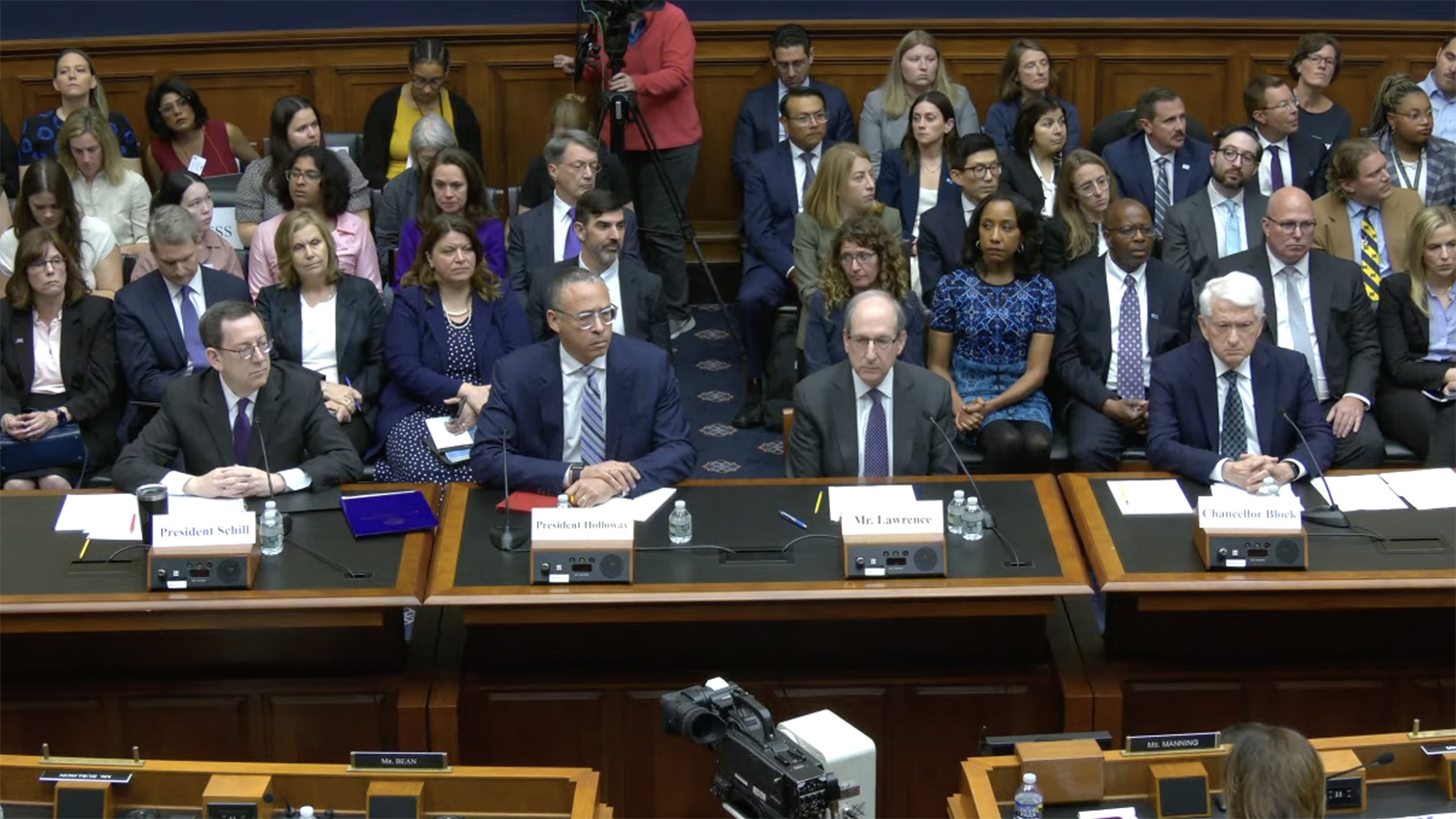 L to R: Northwestern University President Mr. Michael Schill, Rutgers University President Dr. Jonathan Holloway, Mr. Frederick M. Lawrence, Secretary and CEO, The Phi Beta Kappa Society, and Dr. Gene Block, Chancellor, University of California, Los Angeles, are testifying before the House Education Committee today.