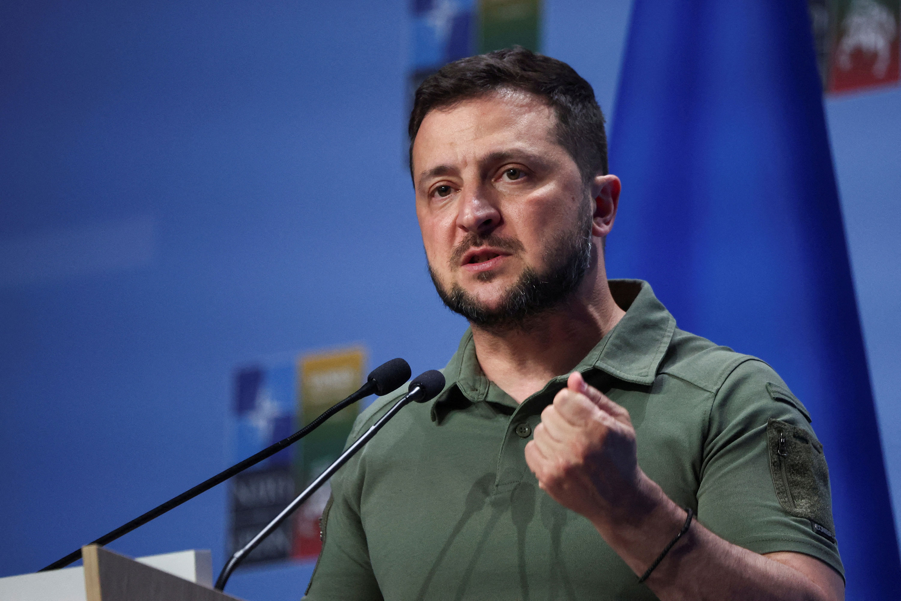 Ukrainian President Volodymyr Zelensky speaks at a press conference during a NATO summit in Vilnius, Lithuania, on July 12. 