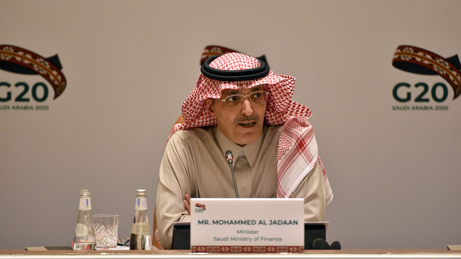 Saudi Minister of Finance Mohammed Al-Jadaan speaks during a meeting of finance ministers and central bank governors of the G20 nations on February 23, 2020.