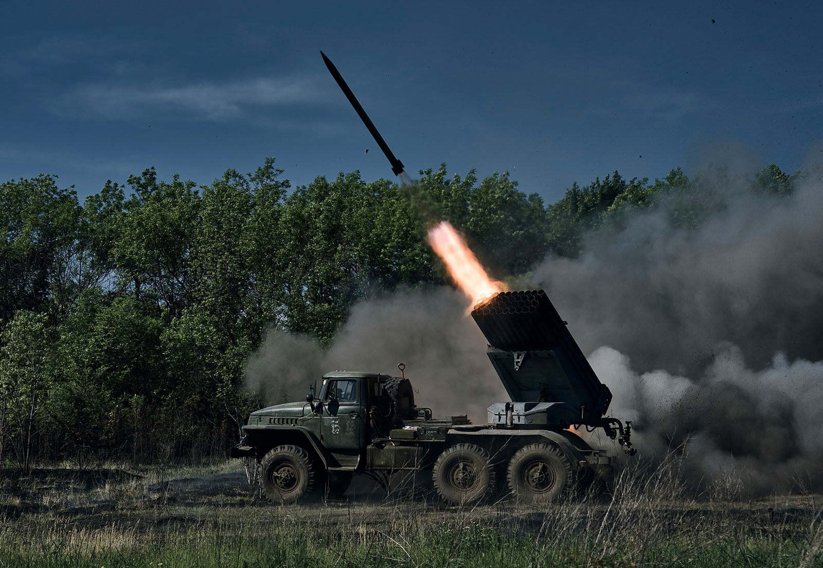 A Ukrainian Army Grad multiple rocket launcher fires rockets at Russian positions  at the front line near Bakhmut, Ukraine, on May 17.