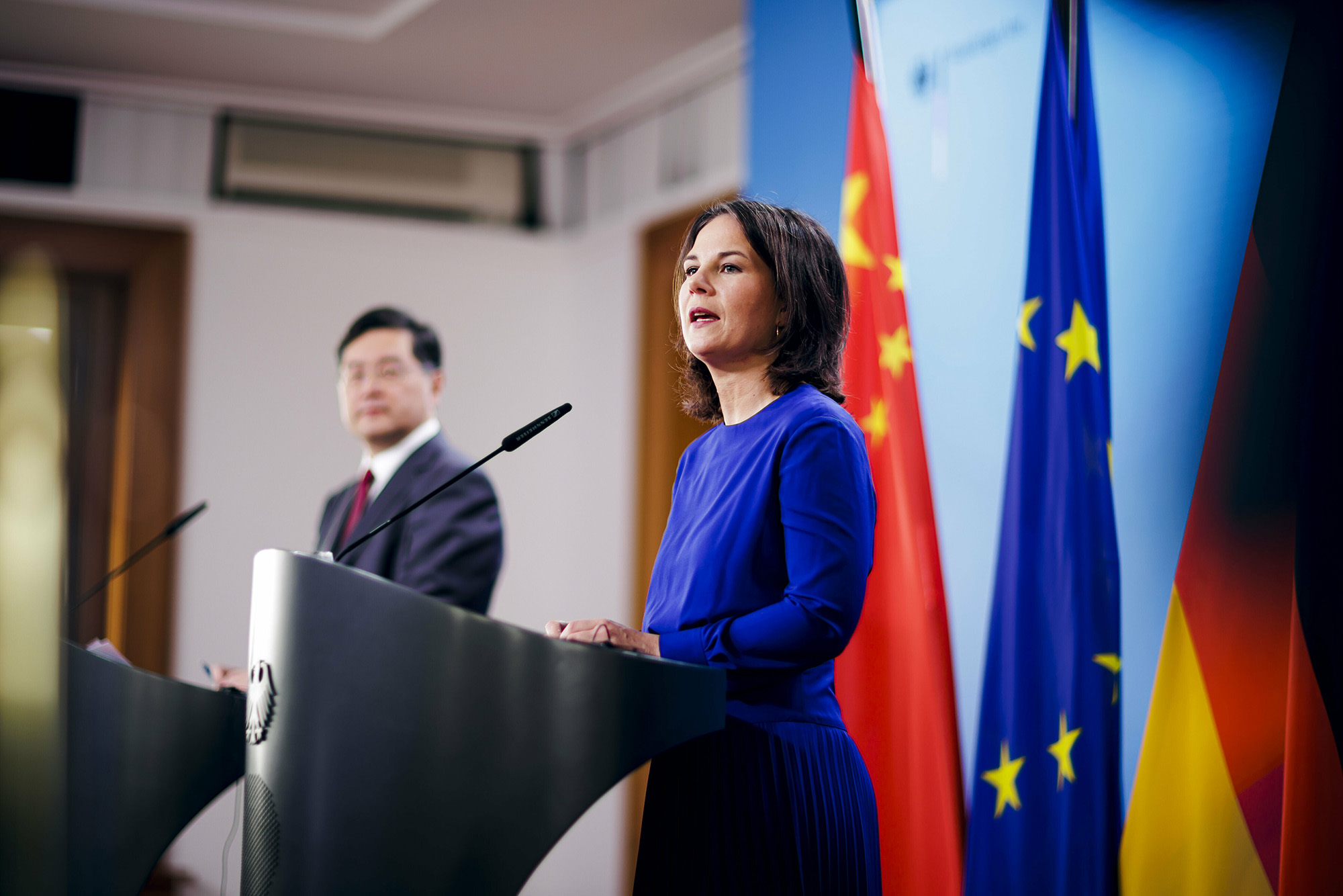 German Foreign Minister Annalena Baerbock, right, and China's Foreign Minister Qin Gang speak to the media after a meeting on May 9, in Berlin, Germany. 