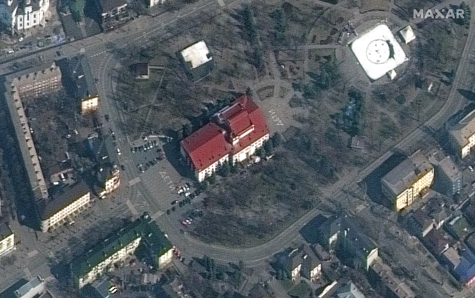 The Donetsk Regional Theatre of Drama in Mariupol, Ukraine, is seen in this satellite image from March 14.