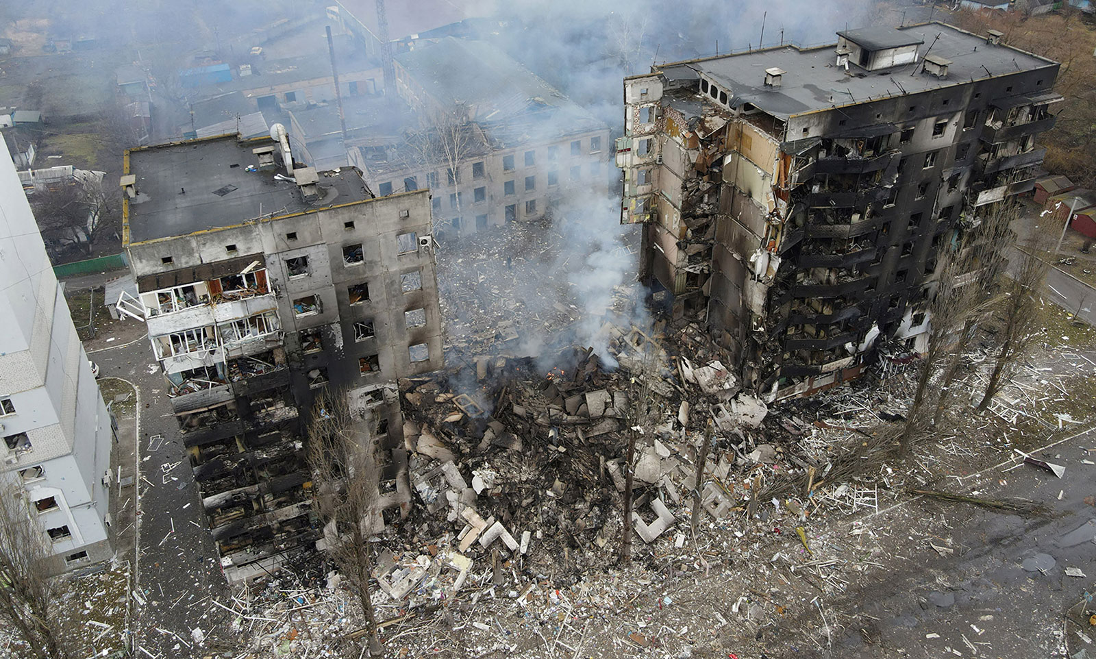 A residential building destroyed by shelling is seen on Thursday, March 3, in Borodyanka, northwest of Kyiv, Ukraine.