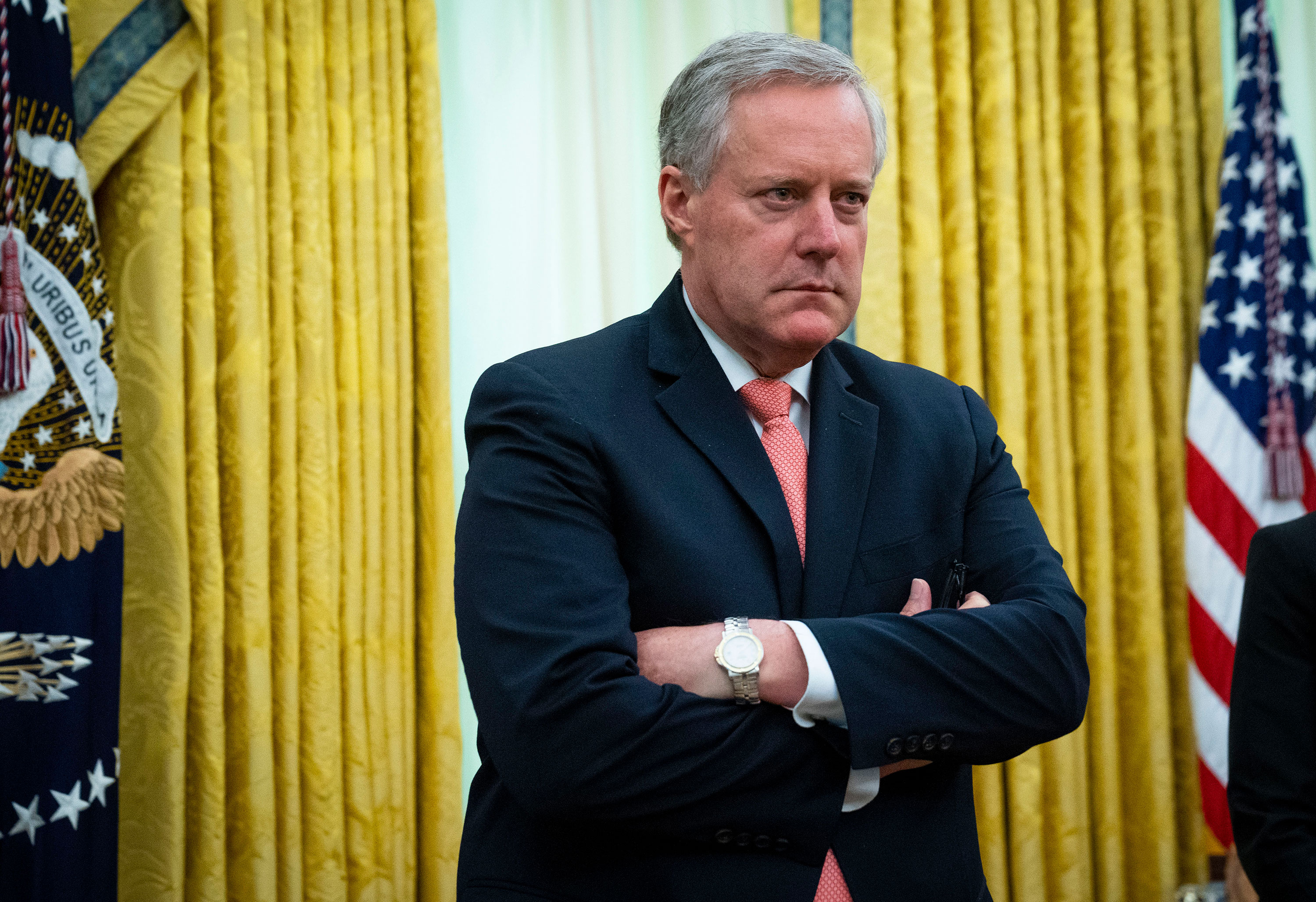 Former White House chief of staff Mark Meadows listens during a meeting in the Oval Office of the White House in April 2020.