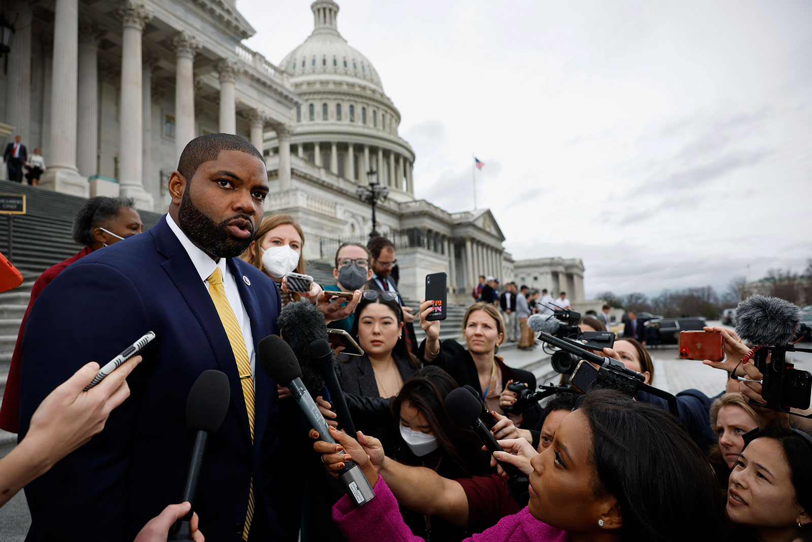 Rep. Byron Donalds speaks to the media during the second day of elections for Speaker of the House outside the US Capitol on Wednesday. 