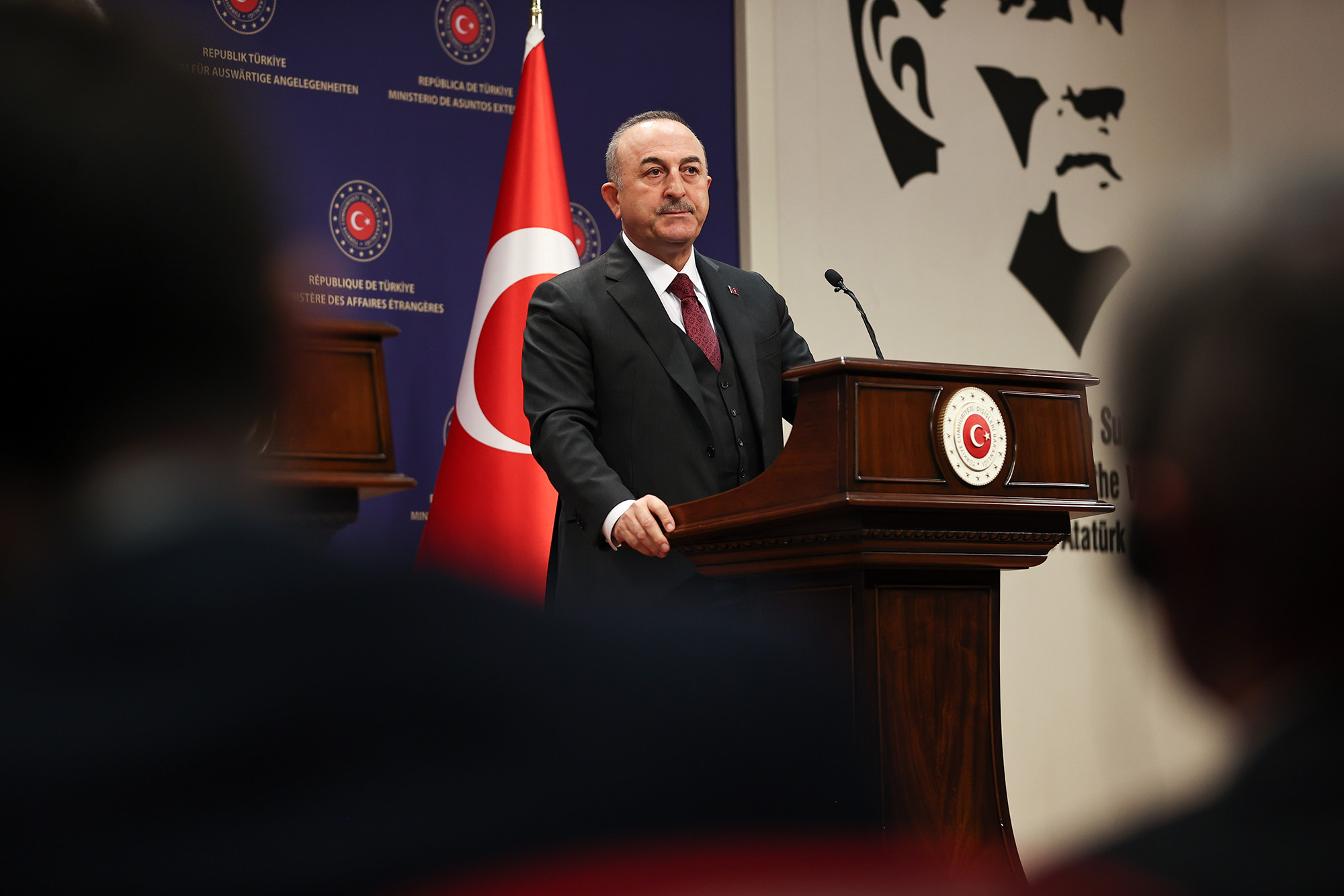 Turkish Foreign Minister Mevlut Cavusoglu speaks at a news conference following talks in Ankara, Turkey, on February 16.