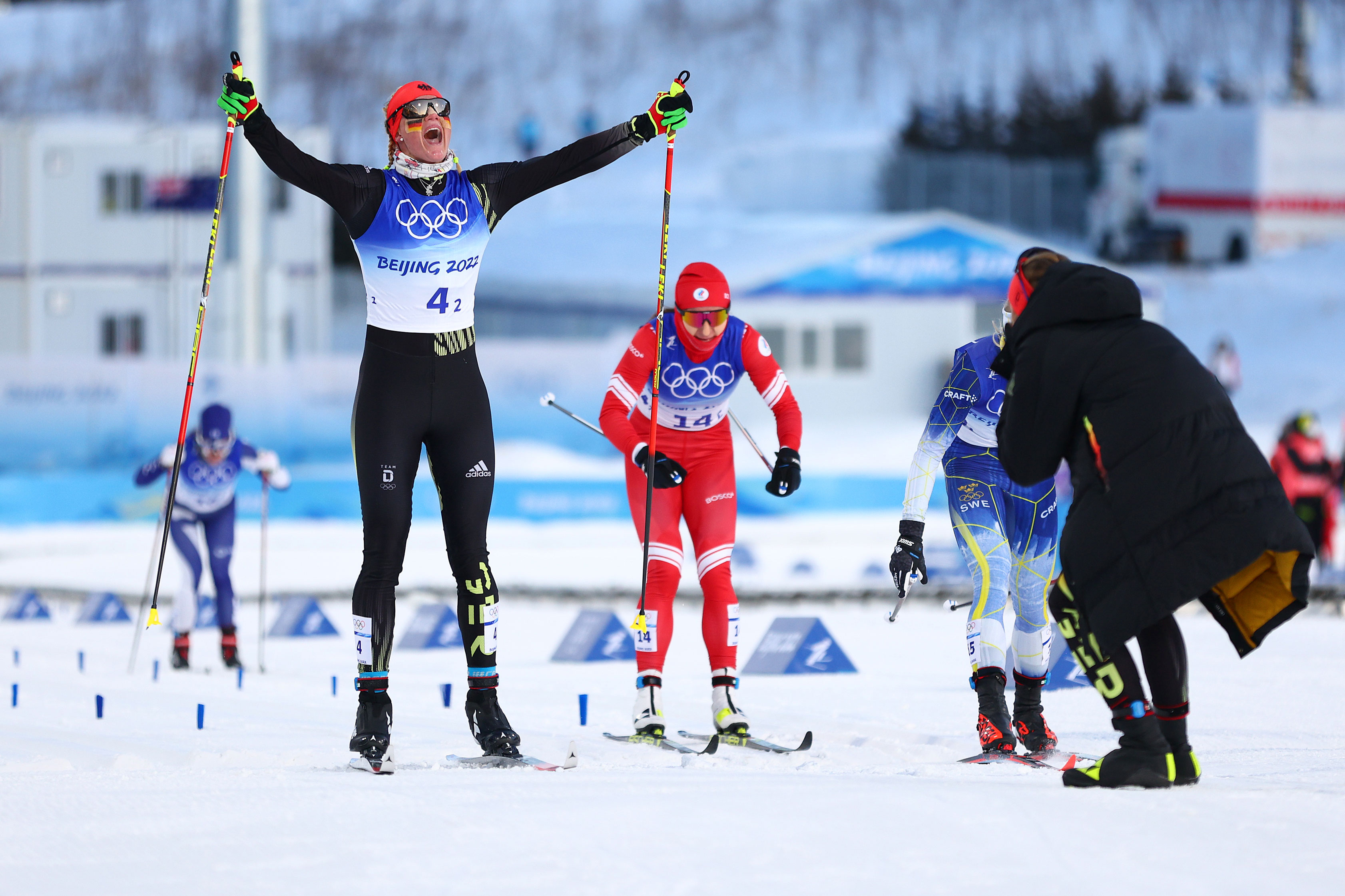 Katherine Sauerbrey of Germany celebrates winning the gold medal during the women's cross-country team sprint classic final on Feb. 16. 