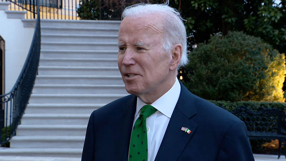 Biden speaks with the press outside the White House on Friday, March 17.