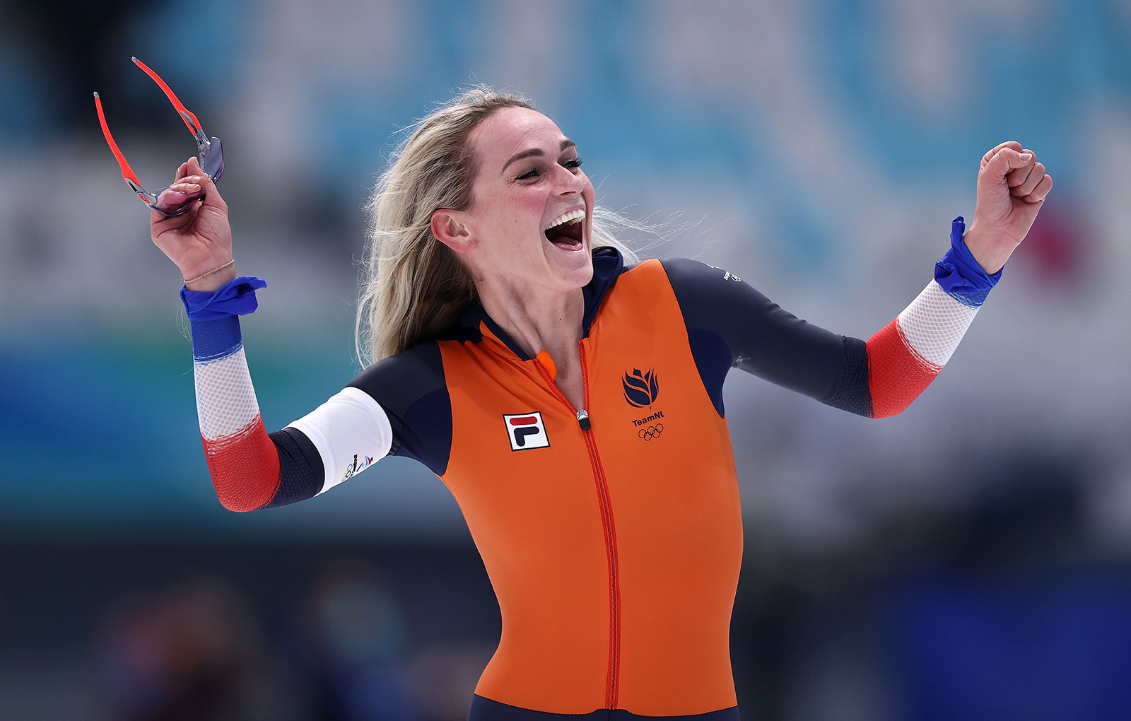 Dutch speed skater Irene Schouten celebrates after winning the 5,000m final on February 10. Schouten set a new Olympic record on her way to the gold medal.