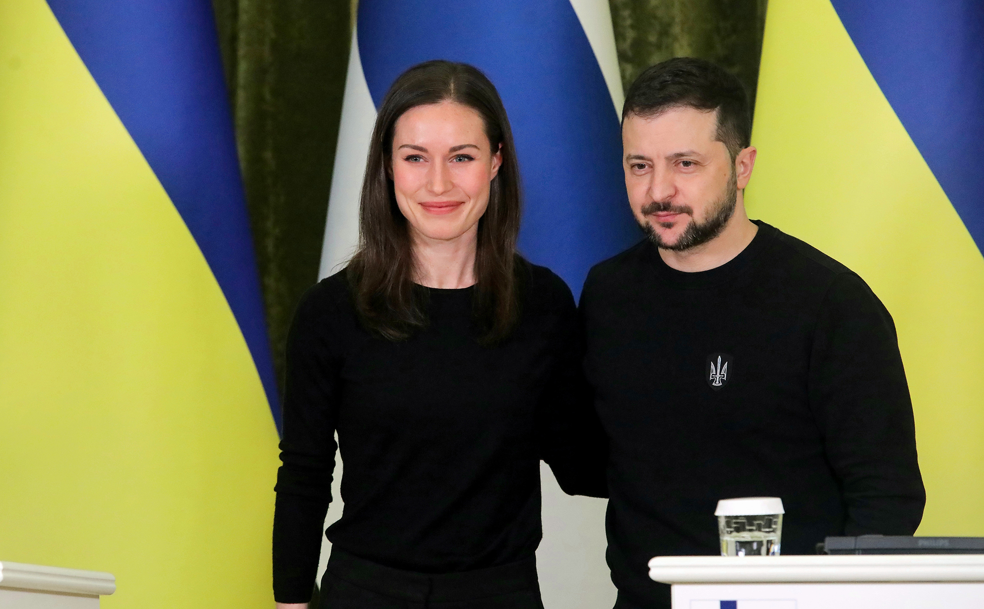 Finland's Prime Minister Sanna Marin and Ukrainian President Volodymyr Zelensky hold a joint press conference in Kyiv, on March 10. 
