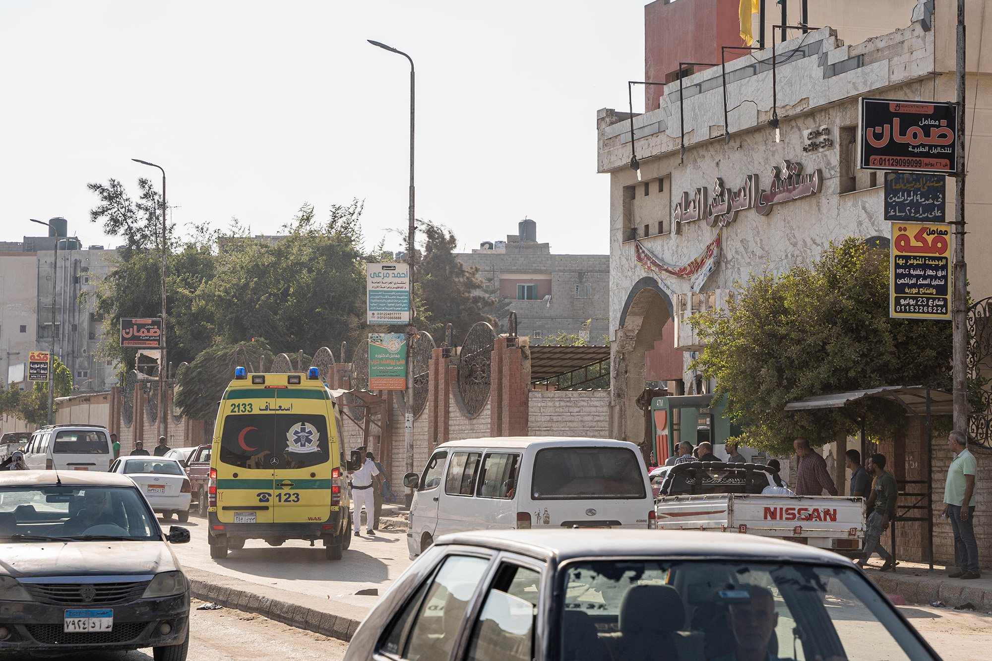 An ambulance with a patient from Gaza drives toward El Arish General Hospital on November 1, in El Arish, Egypt. 