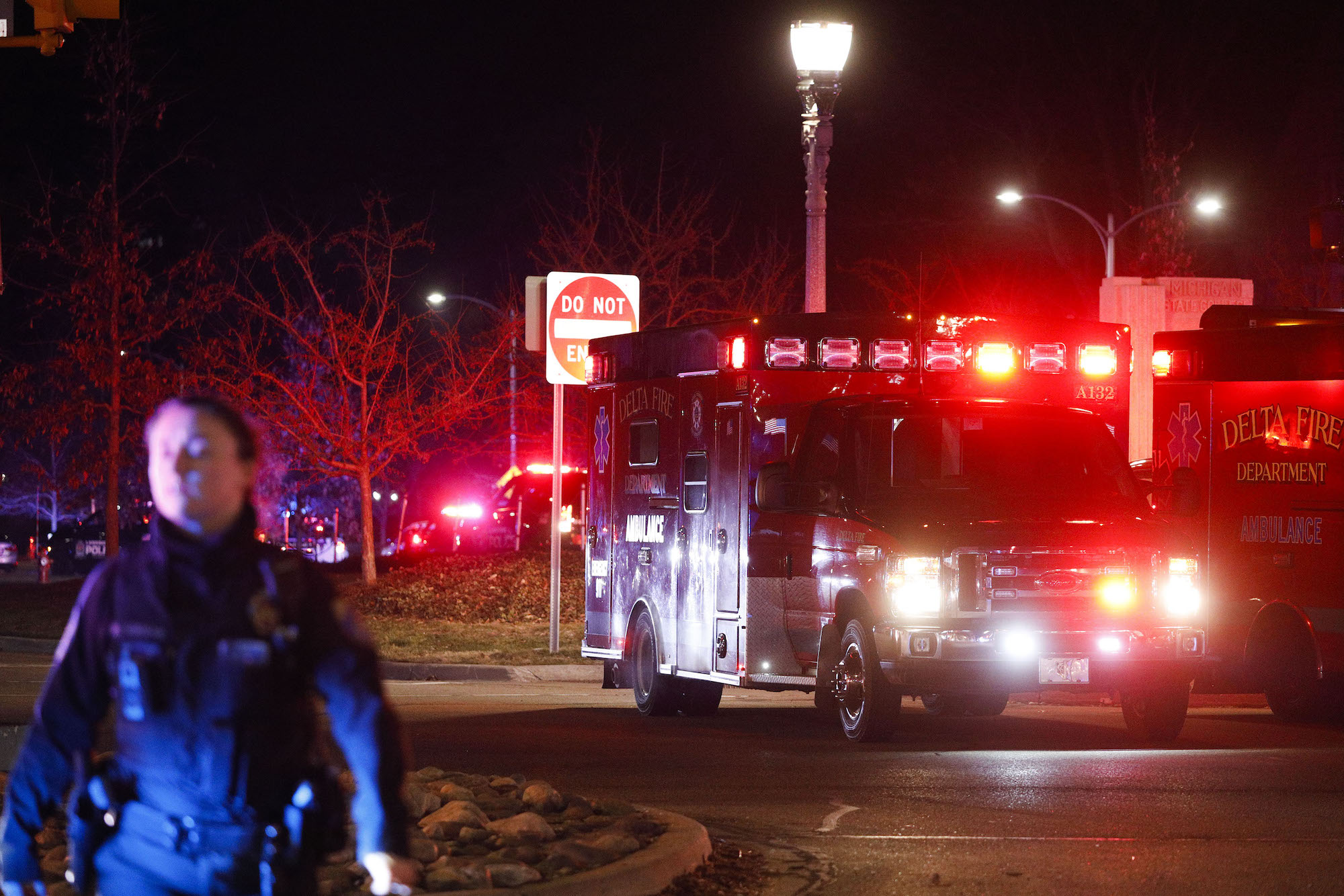 An ambulance is seen at Michigan State University late Monday night.