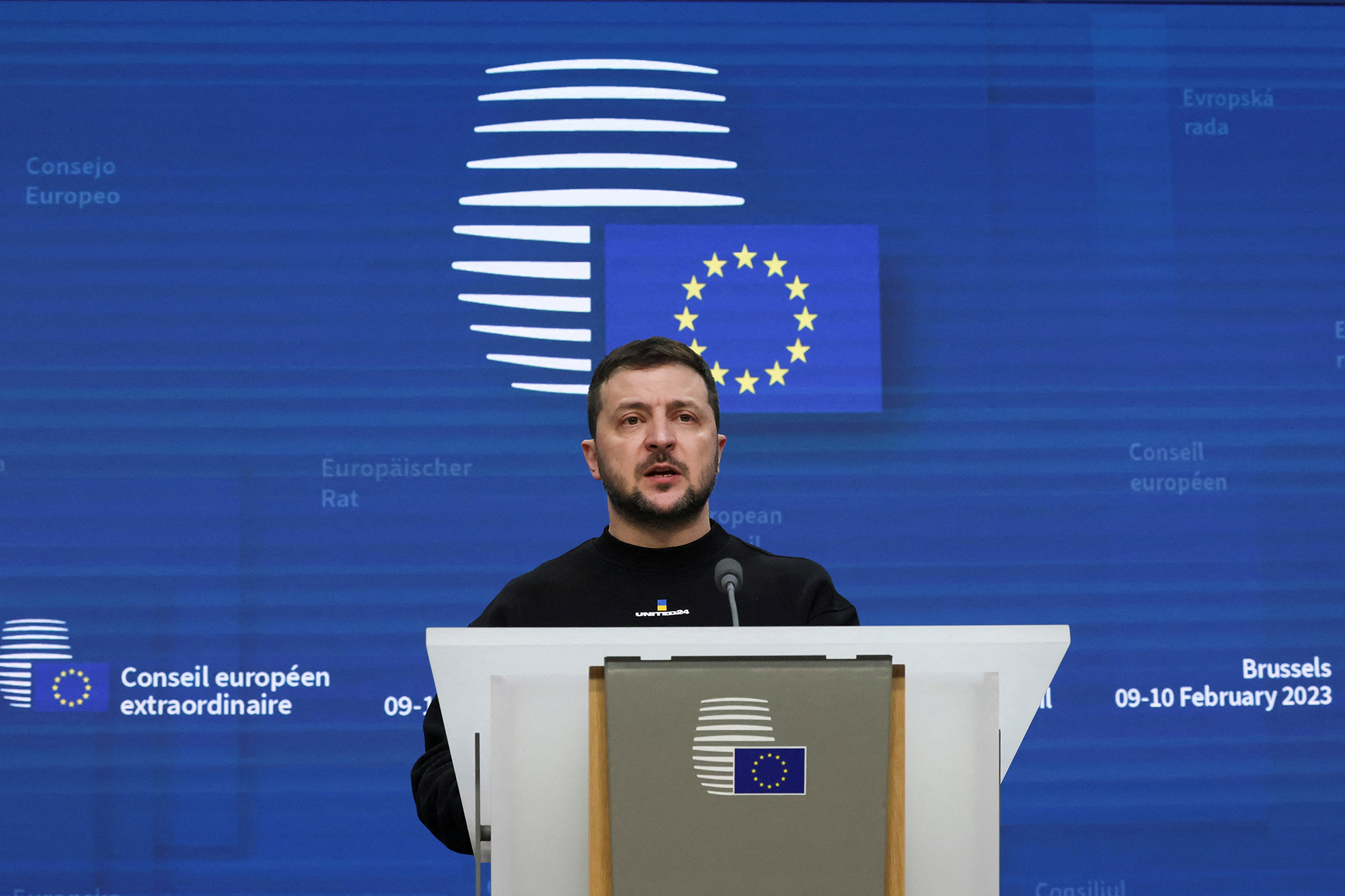 Ukrainian President Volodymyr Zelensky attends a news conference during the European leaders summit in Brussels, Belgium, on February 9.