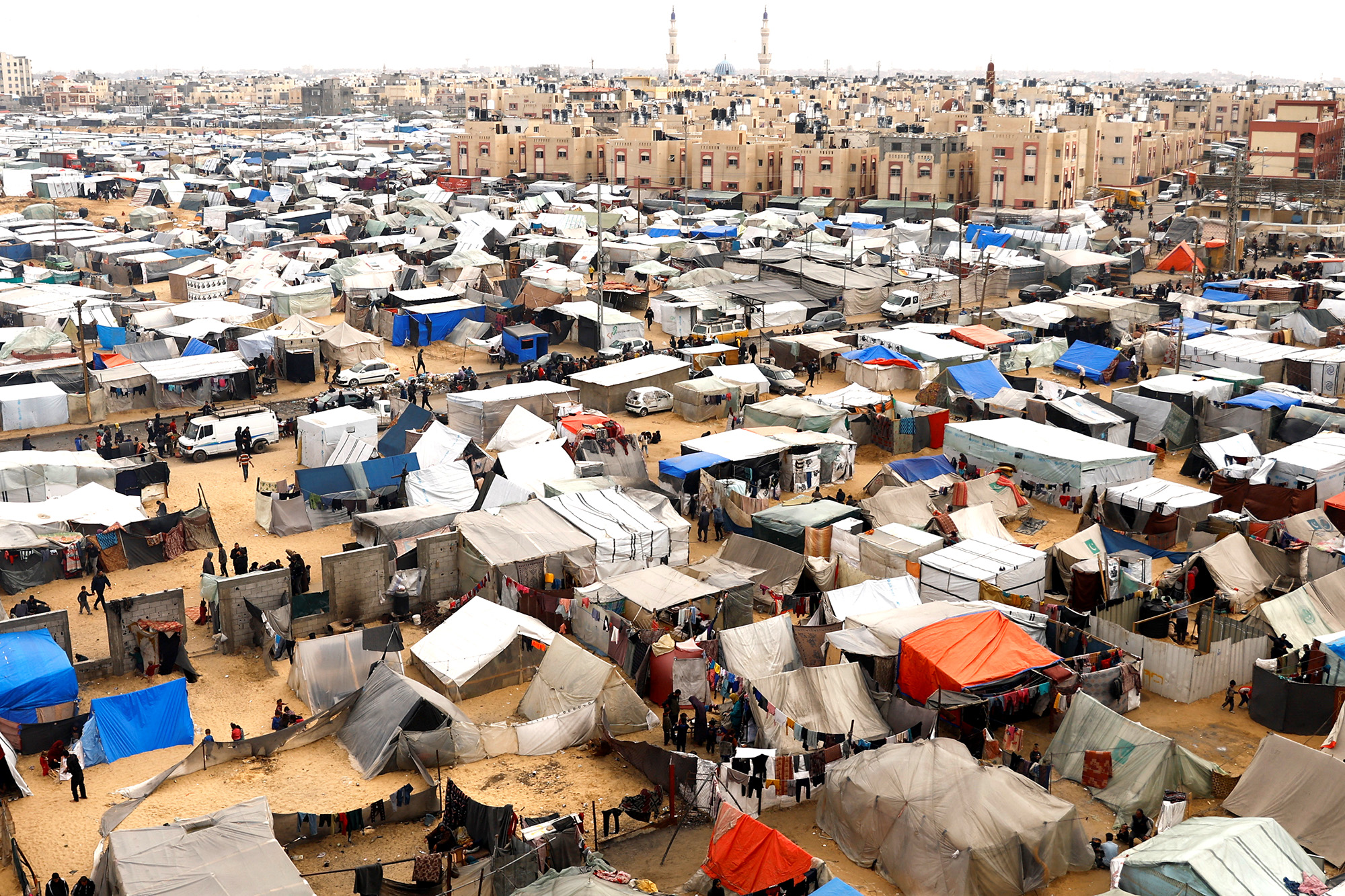 Displaced Palestinians shelter at a tent camp in Rafah, Gaza, on February 27. 