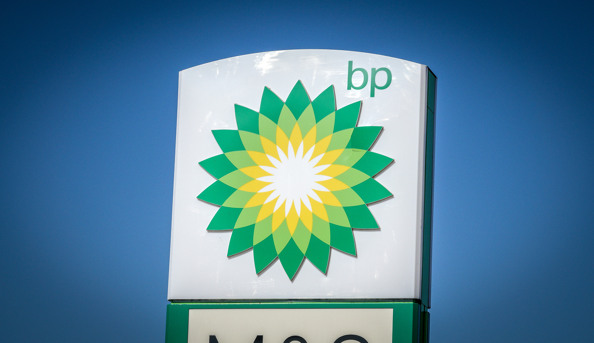 The BP logo is displayed outside a petrol station near Warmister, on August 15, 2022 in Wiltshire, England. 