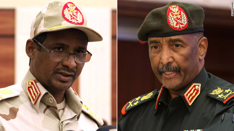 Mohamed Hamdan Dagalo, the commander of the paramilitary Rapid Support Forces (RSF), left, and Sudan’s military leader Abdel Fattah al-Burhan.