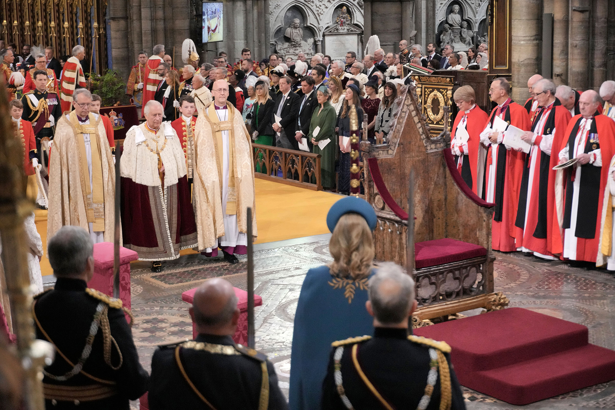 King Charles III arrives for his coronation ceremony in Westminster Abbey.