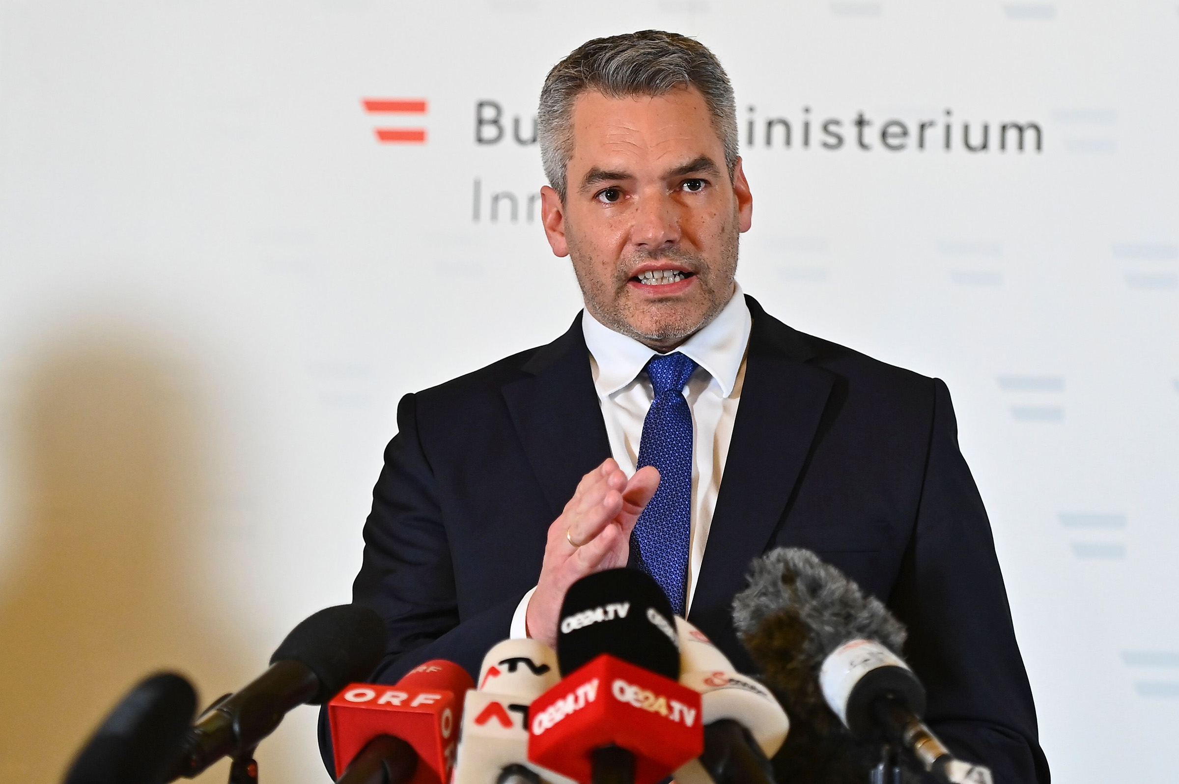 Austria's Interior minister Karl Nehammer speaks during a press conference on November 2, in Vienna. 