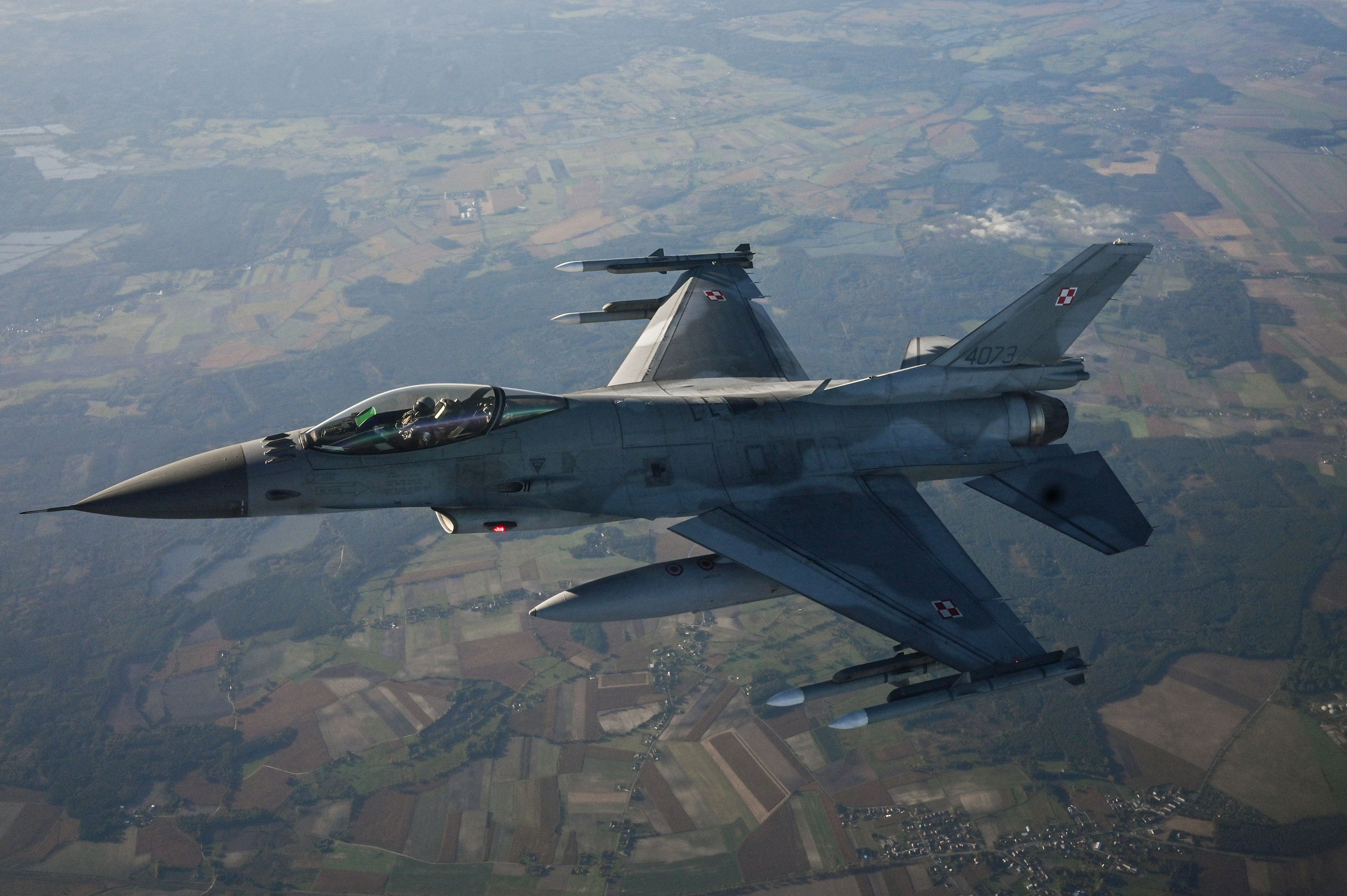 An F-16 Fighting Falcon from the Polish Air Force takes part in a NATO air shielding exercise at the Lask Air Base in Lask, Poland, in October 2022. 