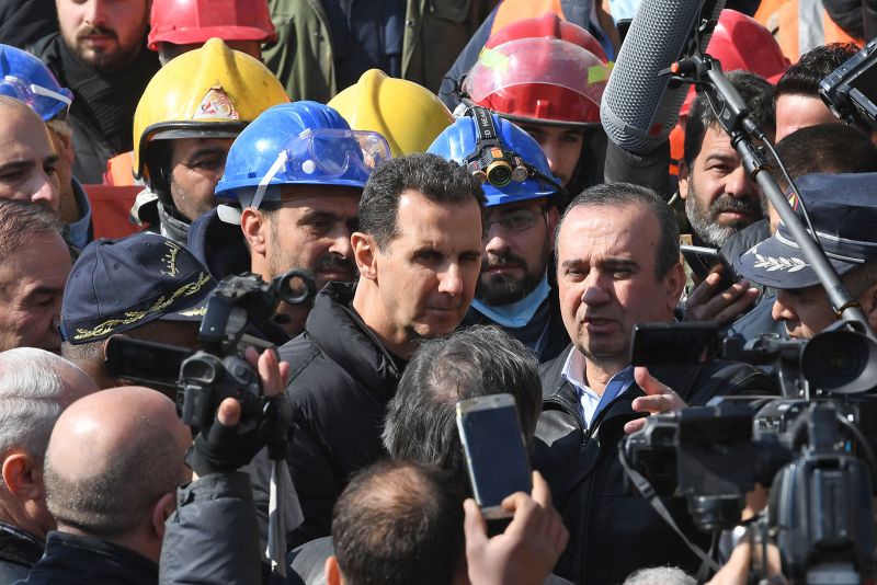 Syrian President Bashar al-Assad visits neighborhoods impacted by the earthquake in the northern city of Aleppo, Syria, on February 10. 