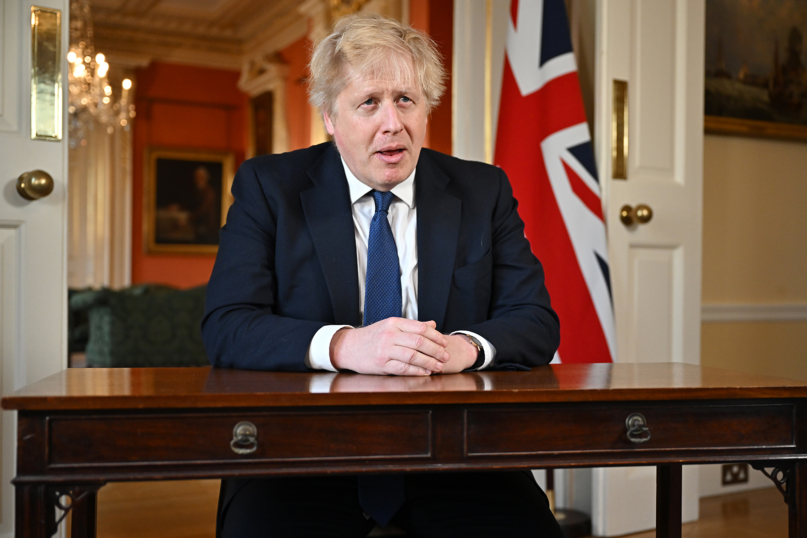 Prime Minister Boris Johnson records an address at Downing Street after he chaired an emergency Cobra meeting to discuss the UK response to the crisis in Ukraine on February 24, in London, England. 