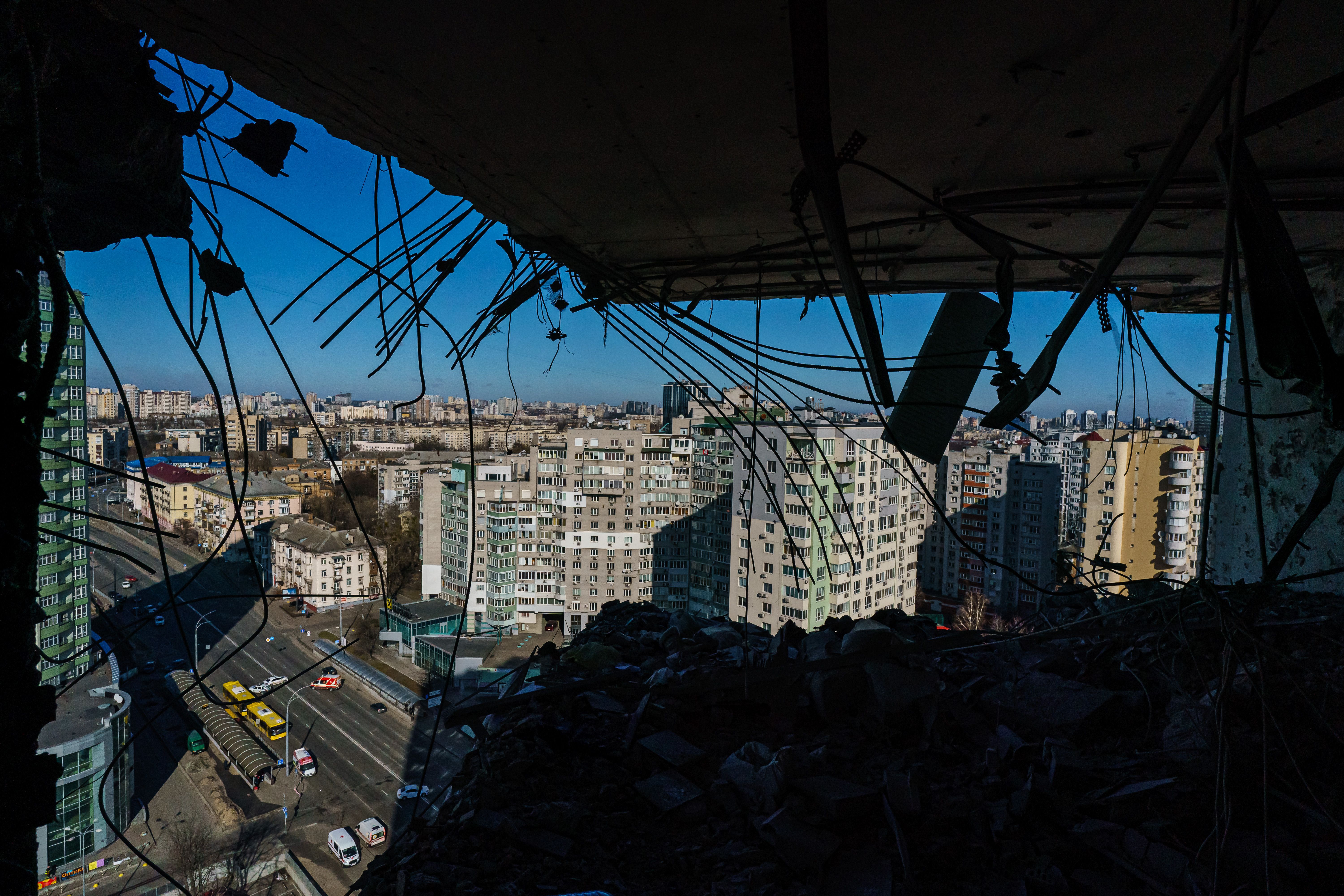 A damaged residential building following a rocket attack in Kyiv, Ukraine, on February 26. 
