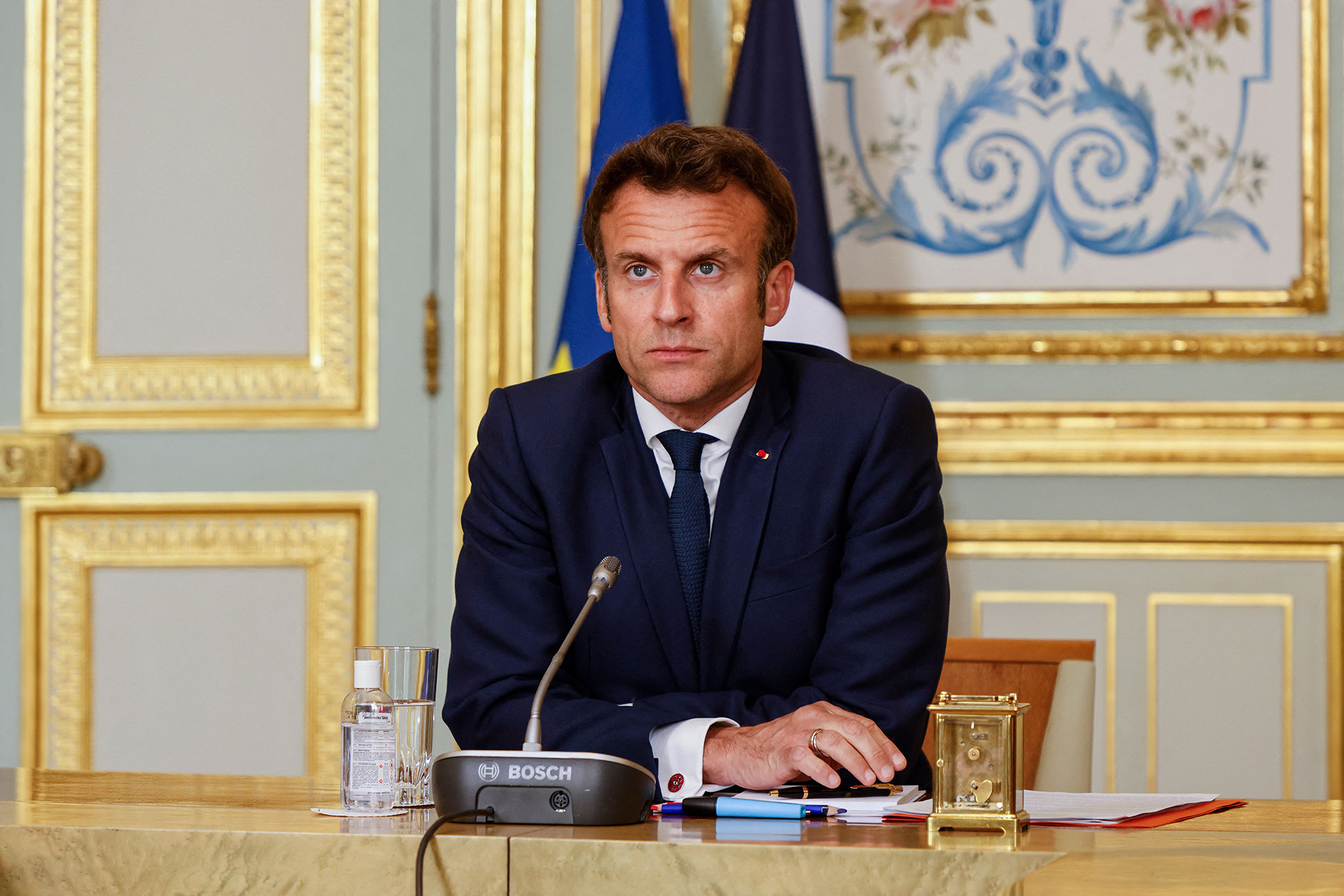France's President Emmanuel Macron takes part in an expanded videoconference with the Quint group at the presidential Elysee Palace in Paris, France, on April 19.