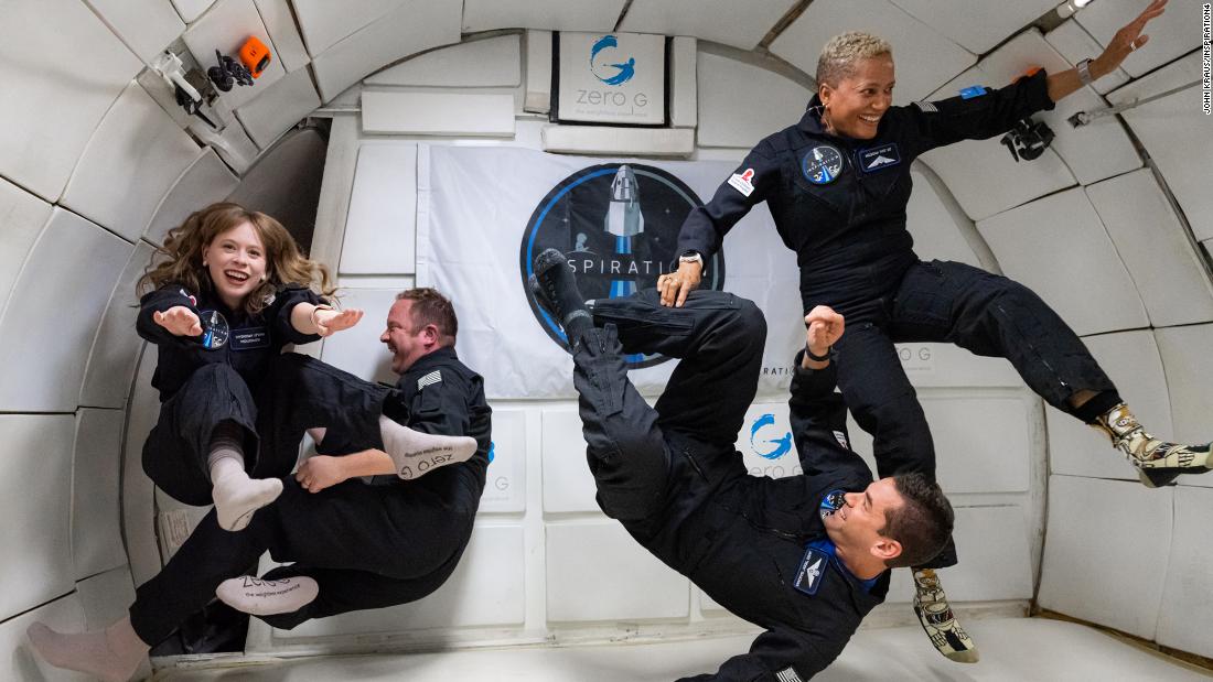 The Inspiration4 crew experiencing weightlessness during Zero-G flight on July 11, 2021.