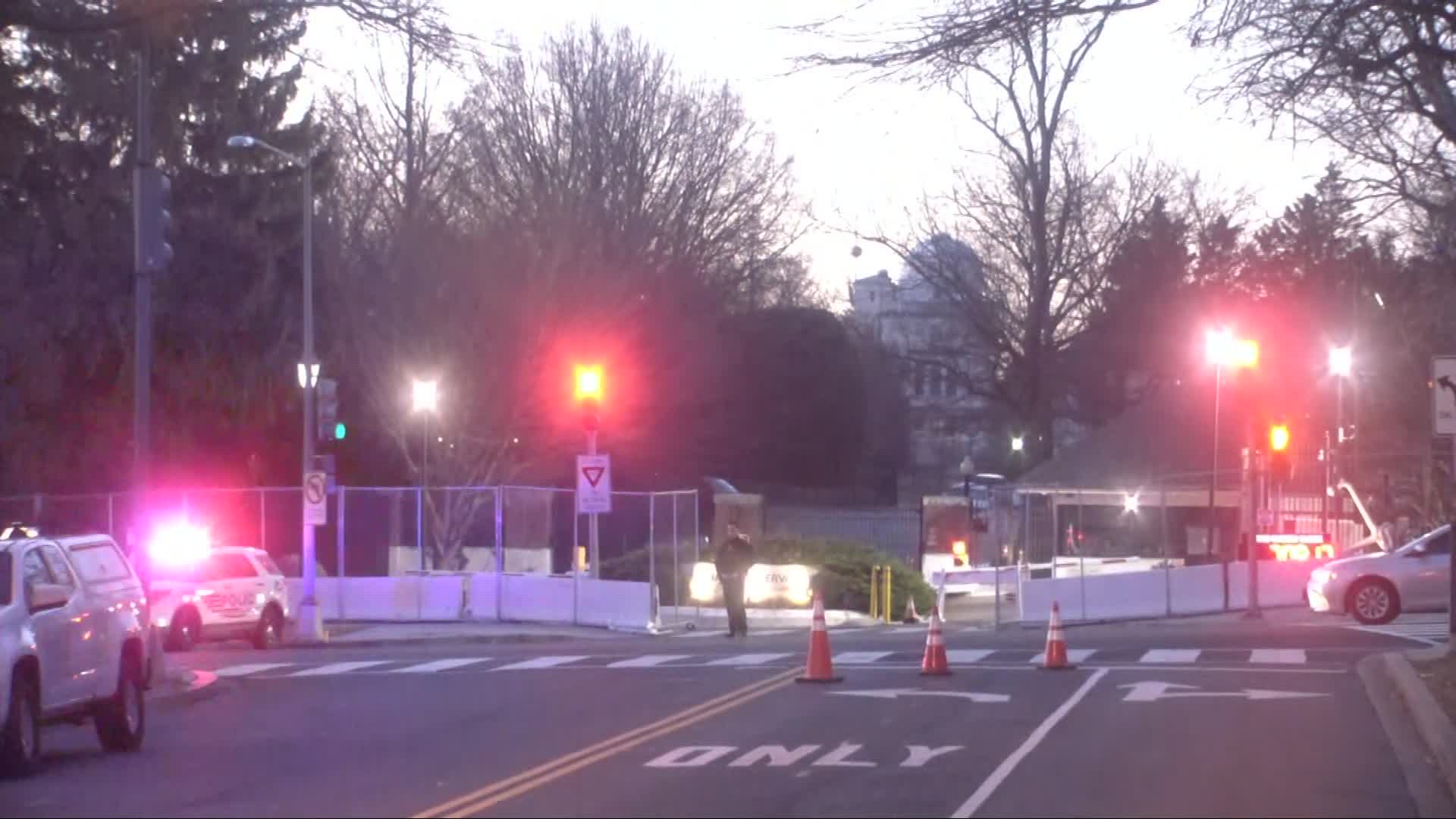 Security barriers are seen around the vice president’s residence, the US Naval Observatory, in Washington, DC, on January 13, in this screengrab taken from CNN footage.