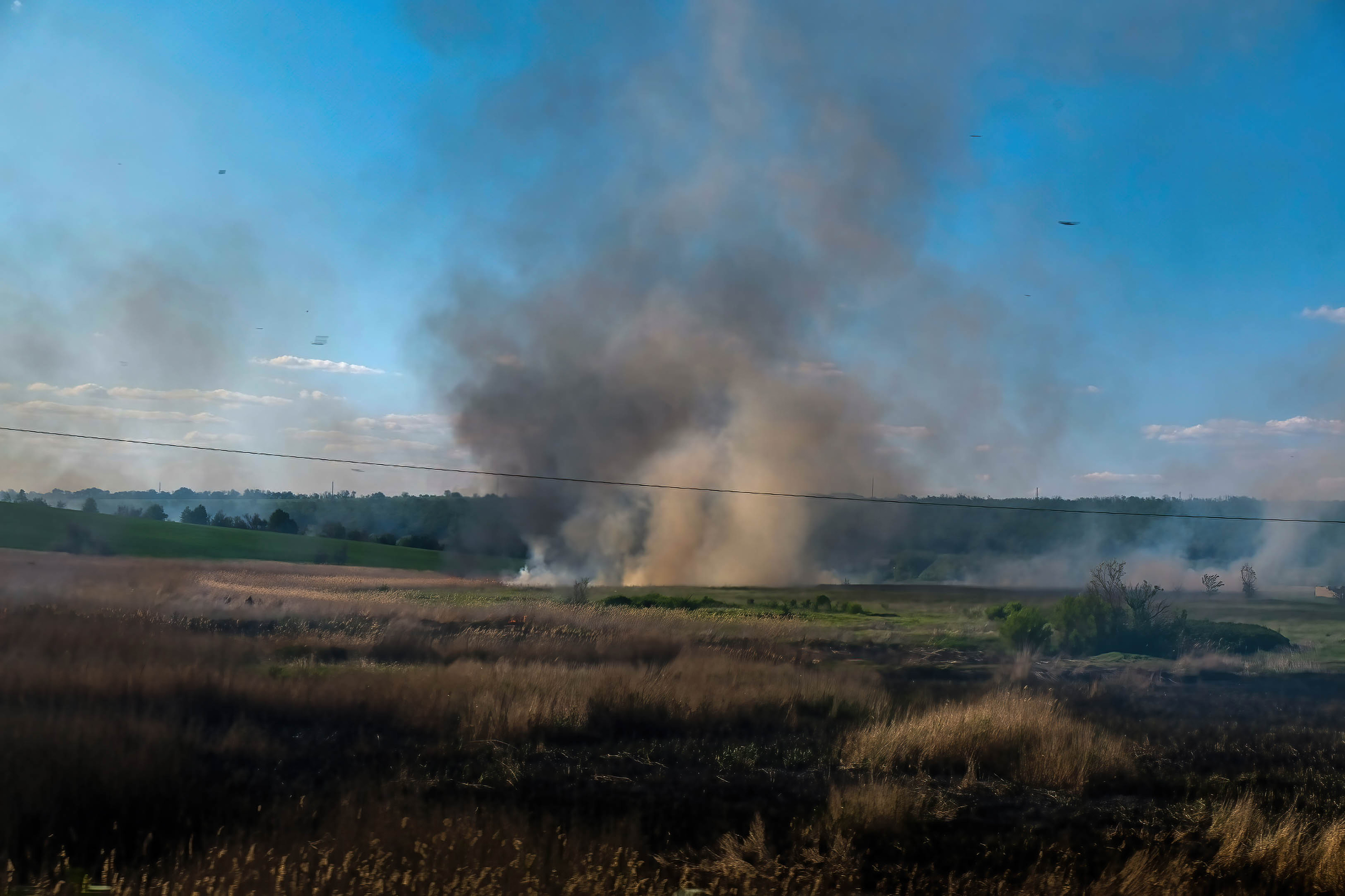 Smoke in an area that has been shelled on the main road between Severodonetsk and Kramatorsk on May 23.