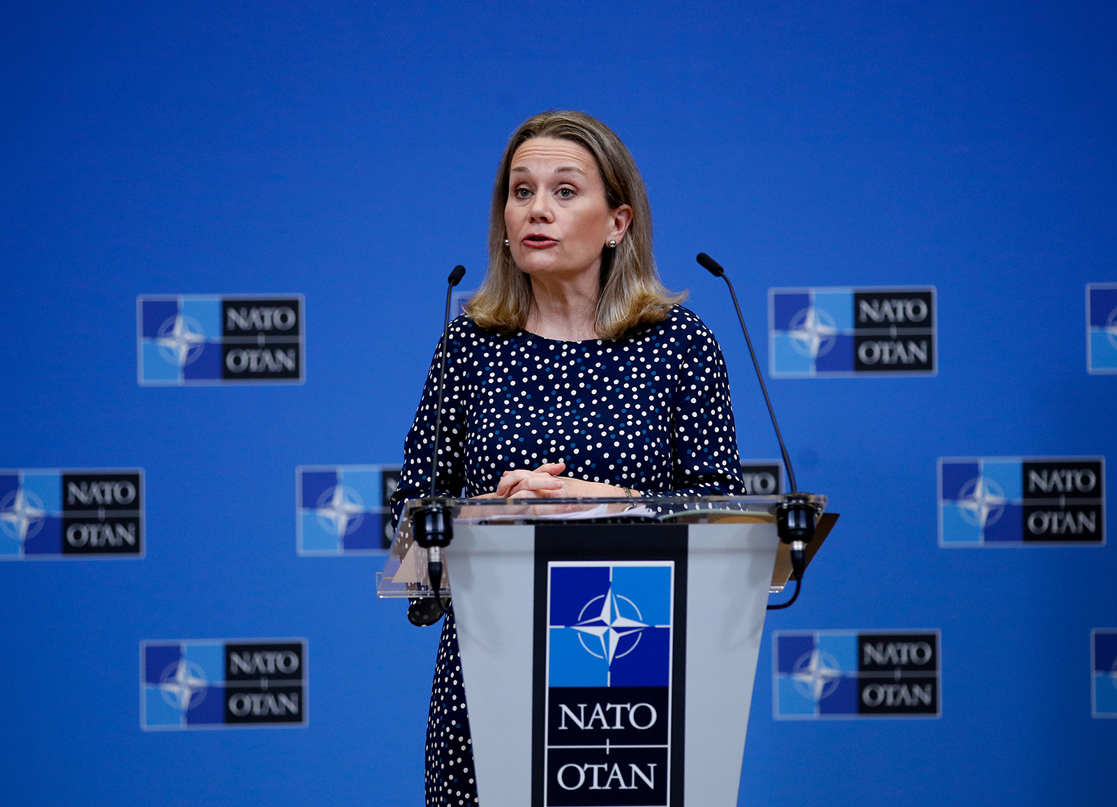 US Ambassador to NATO Julianne Smith speaks during a news briefing on the eve of a meeting of alliance defence ministers in Brussels, Belgium, on February 15.