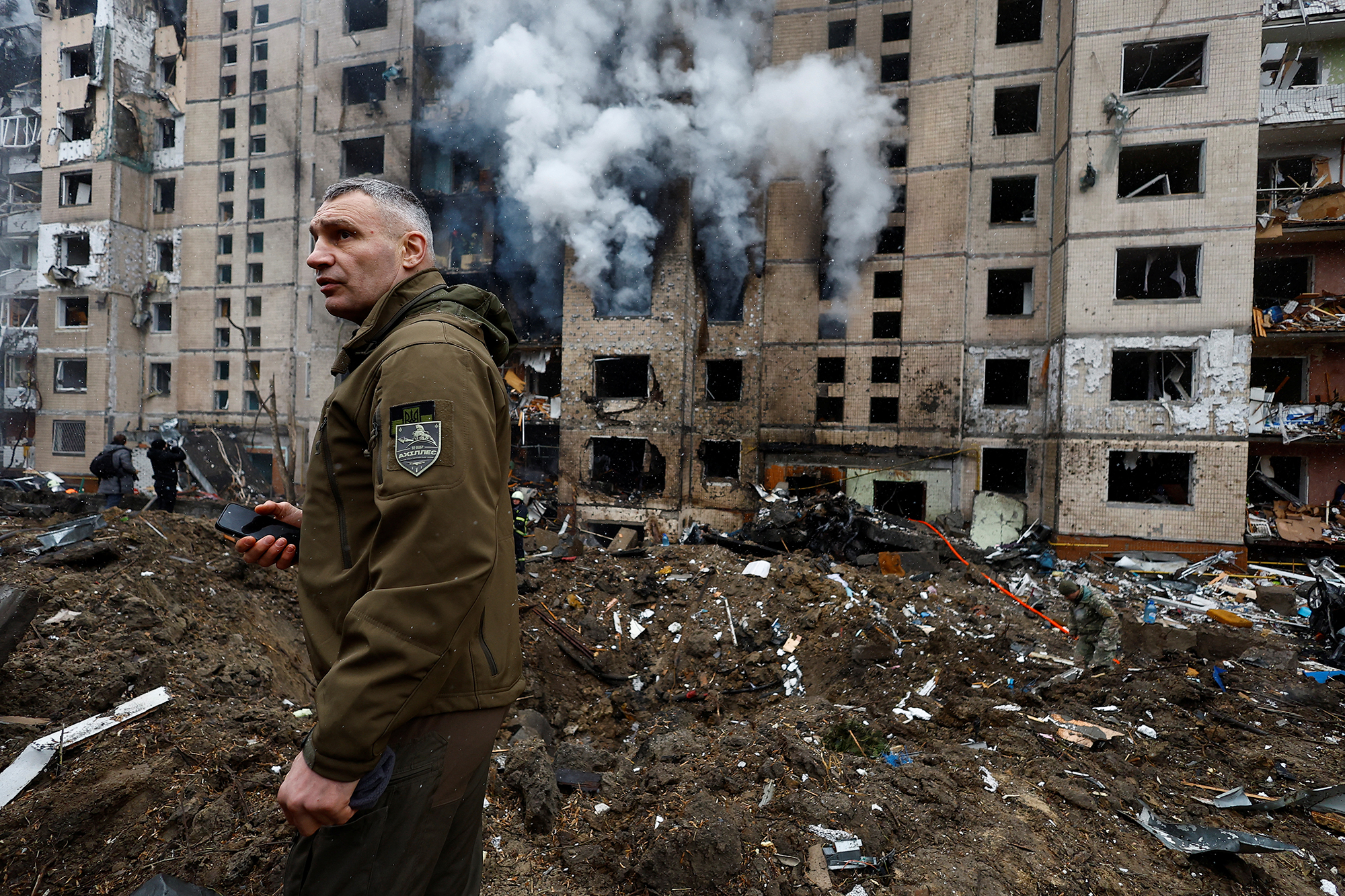 Kyiv Mayor Vitali Klitschko visits a residential building heavily damaged during a Russian missile attack in Kyiv, Ukraine, on January 2. 