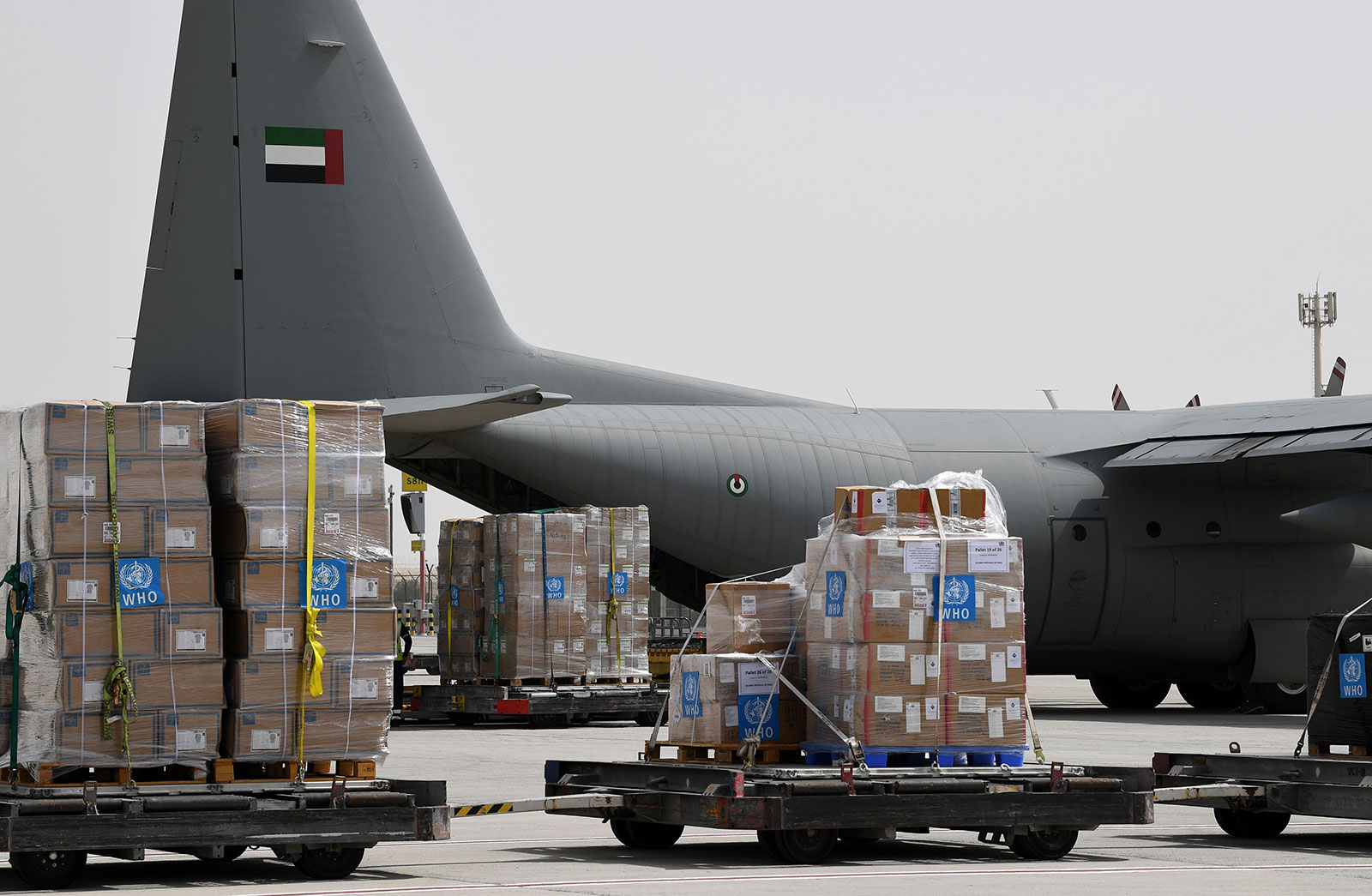 Medical equipment and coronavirus testing kits provided by the World Health Organization are transported at the Al Maktoum International Airport in Dubai on March 2.