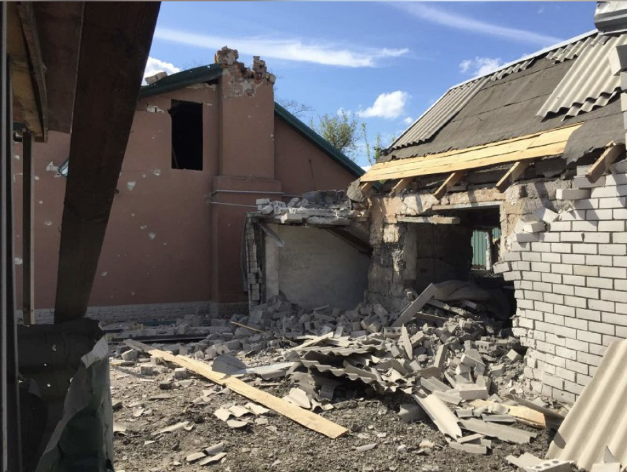 A social media image shows one of the damaged houses in the village of Lastochkine, Ukraine, on April 28.